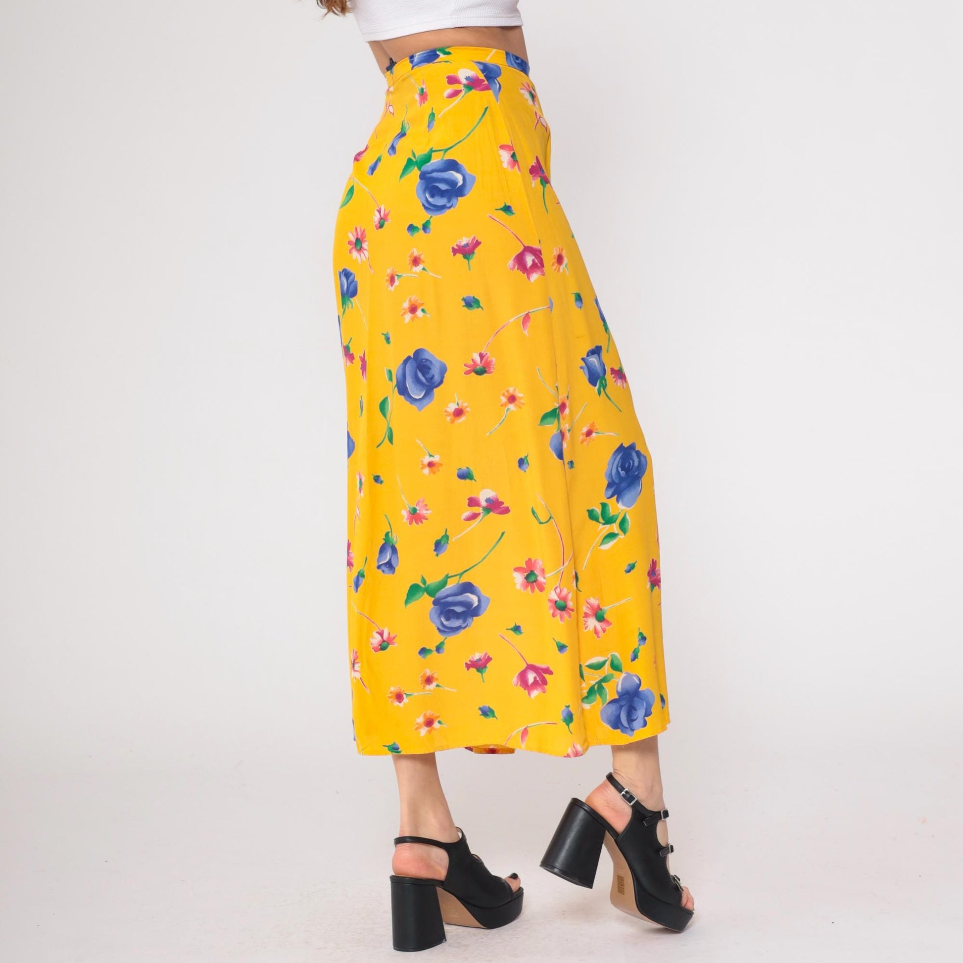 90s Breeches Yellow Floral Maxi Skirt Button Front Small