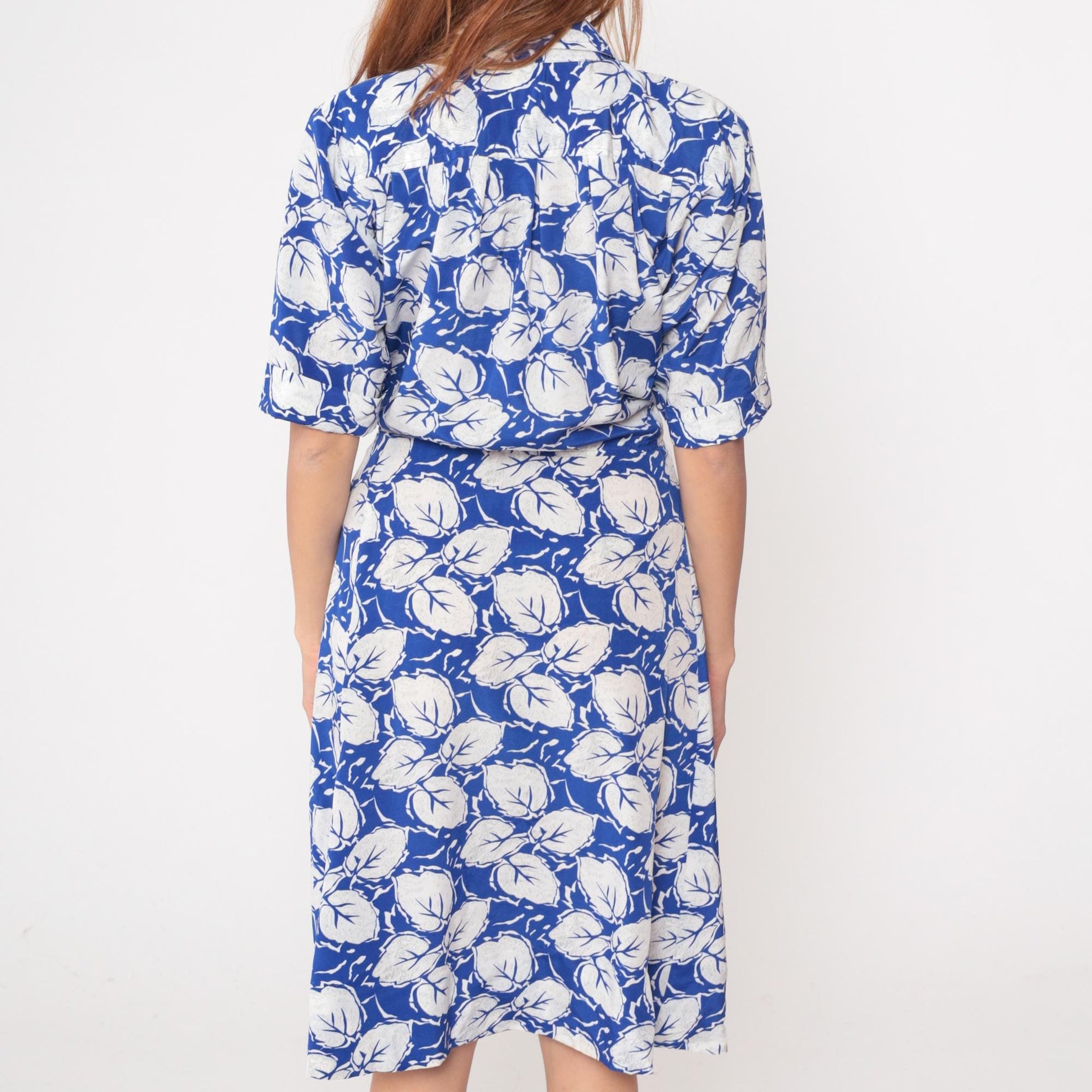 80s Darian Blue White Floral Midi Wrap Dress Collared V-Neck Medium