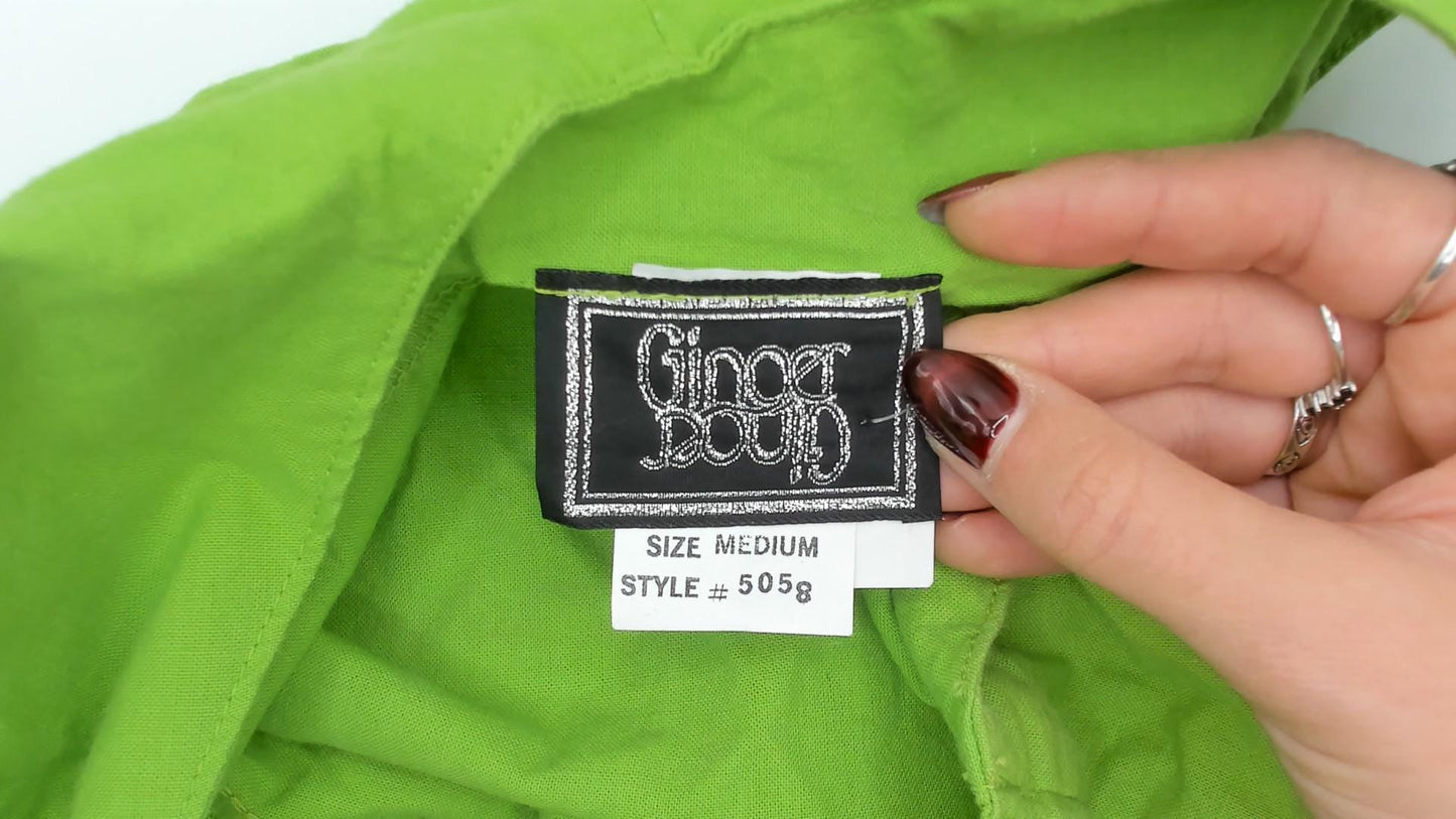 80s Ginger Neon Green Jumpsuit Deep V Sleeveless Cotton Cropped Medium M