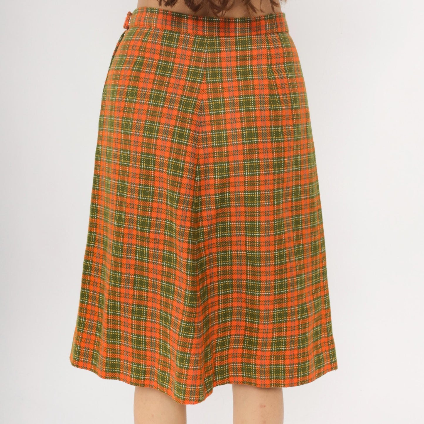 70s Orange Green Plaid A-Line Skirt Knee Length Wrap Small
