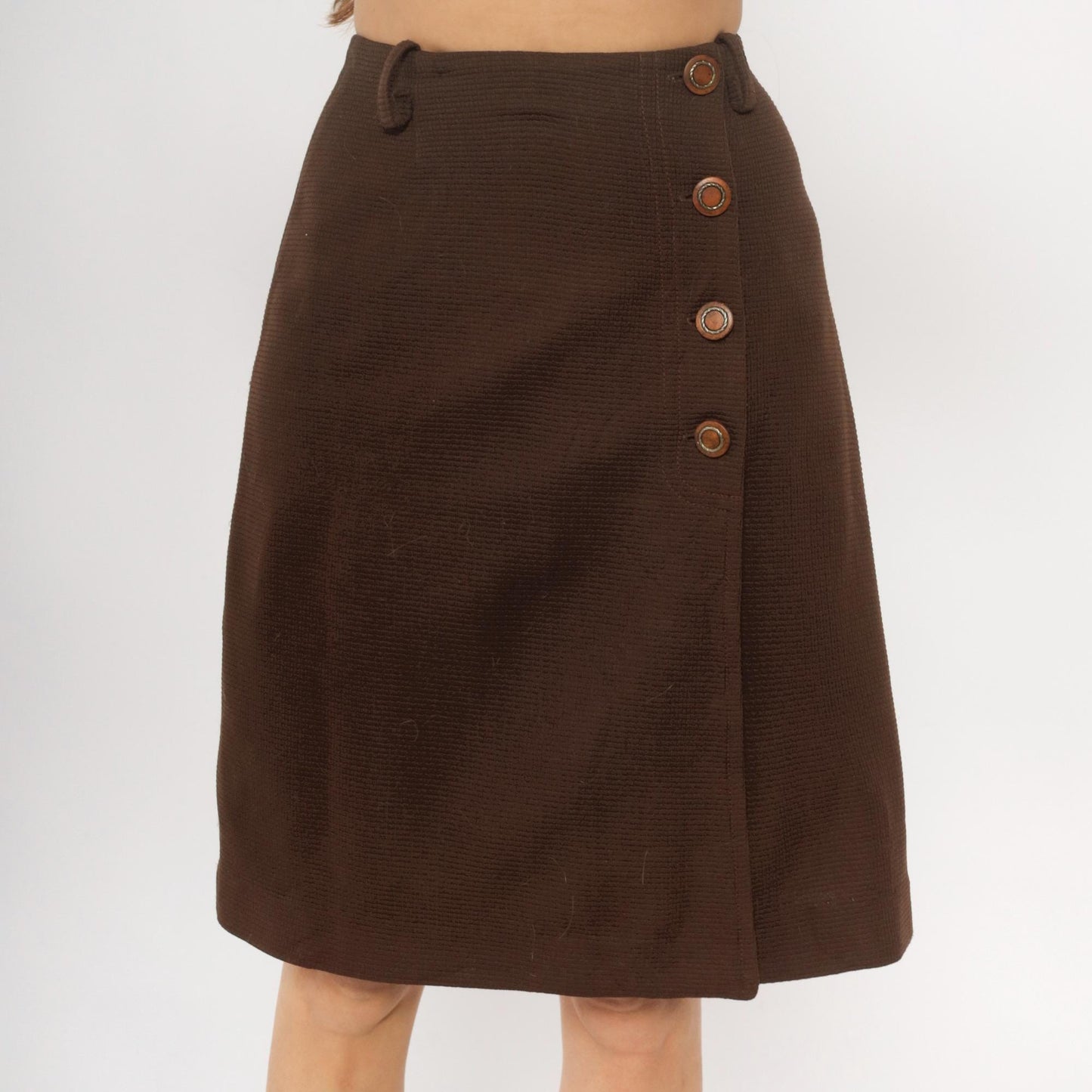70s Brown Polyester A-Line Skirt Side Button Closure Small S