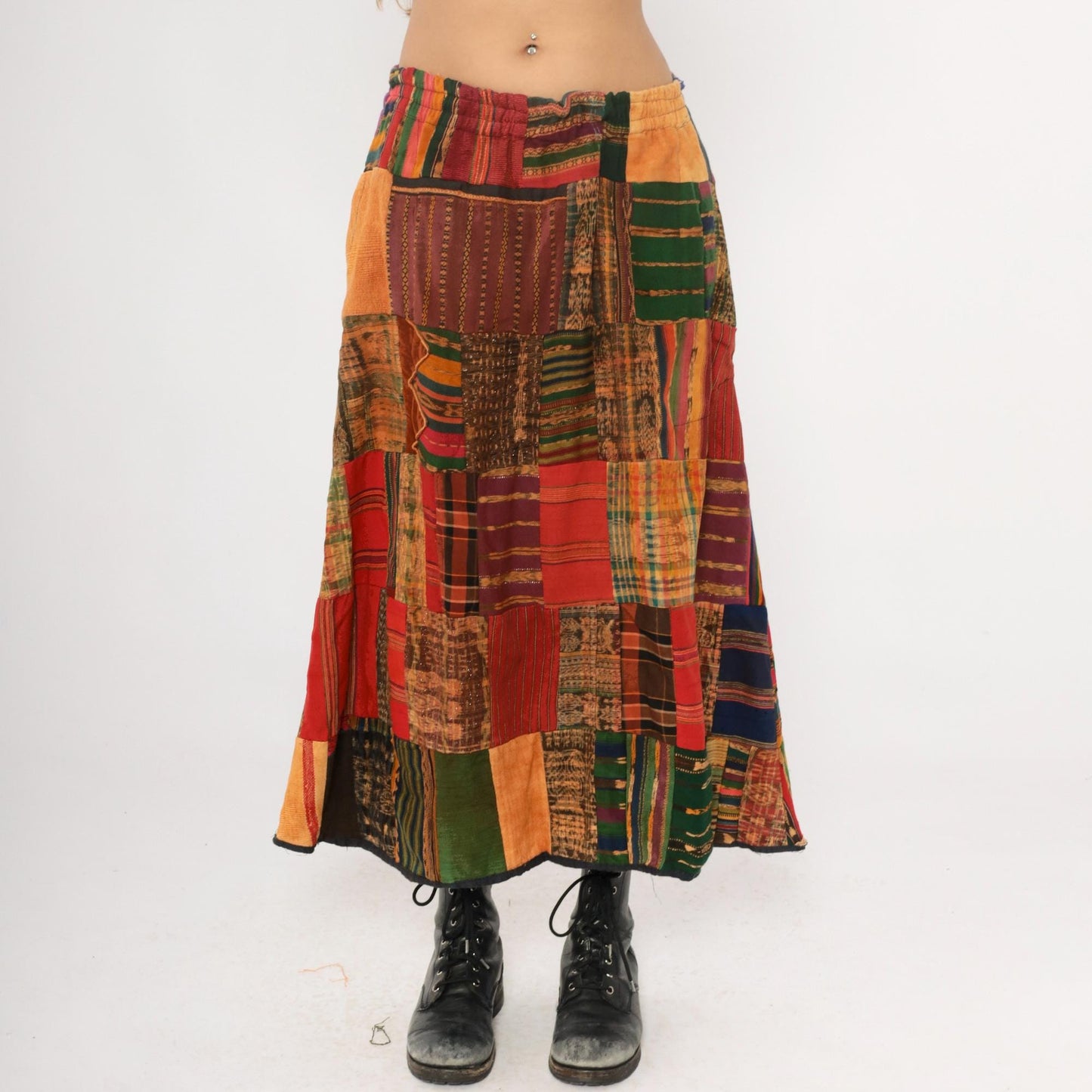 90s Patchwork A-Line Skirt Multicolor Ethnic Striped Cotton Ankle Length Medium