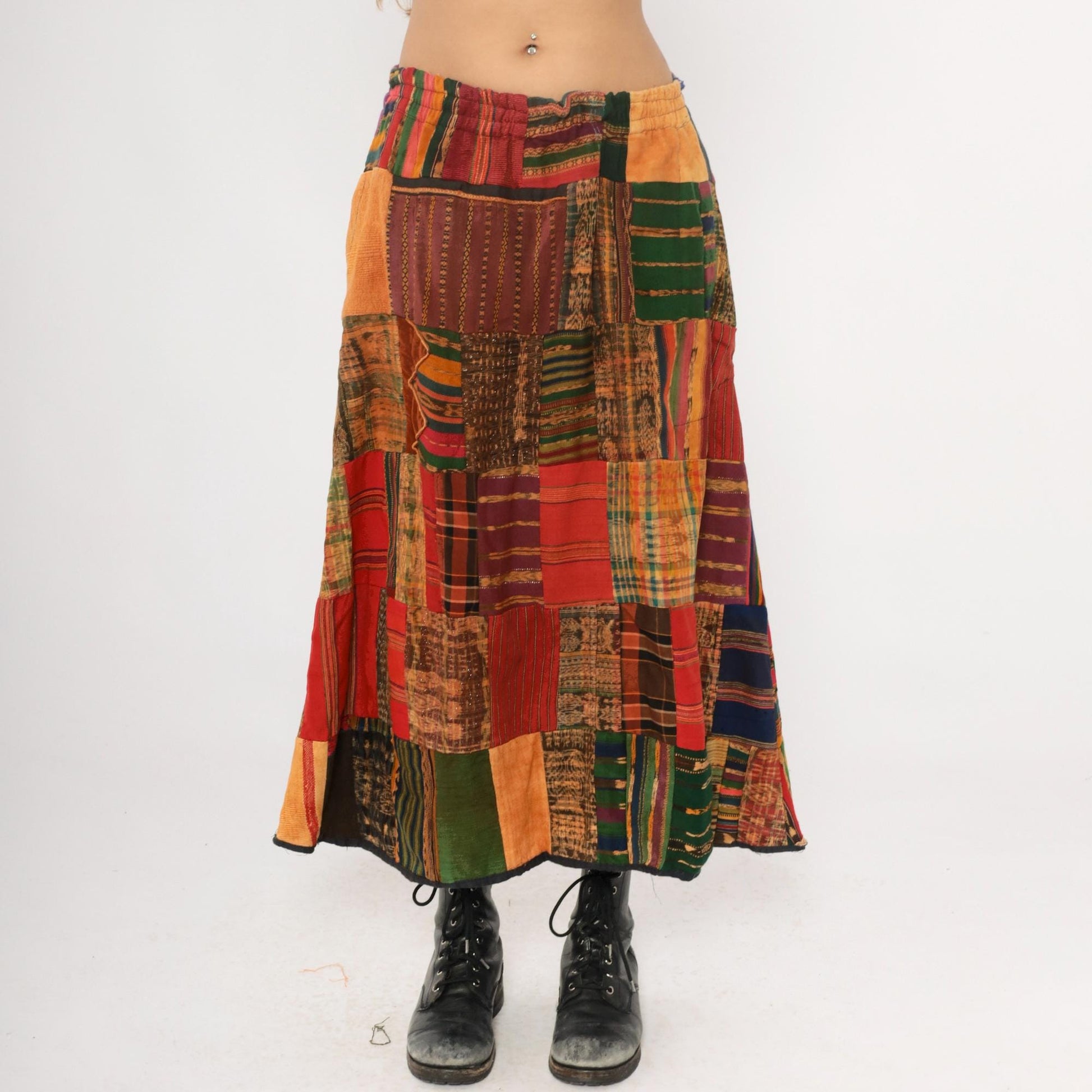 90s Patchwork A-Line Skirt Multicolor Ethnic Striped Cotton Ankle Length Medium