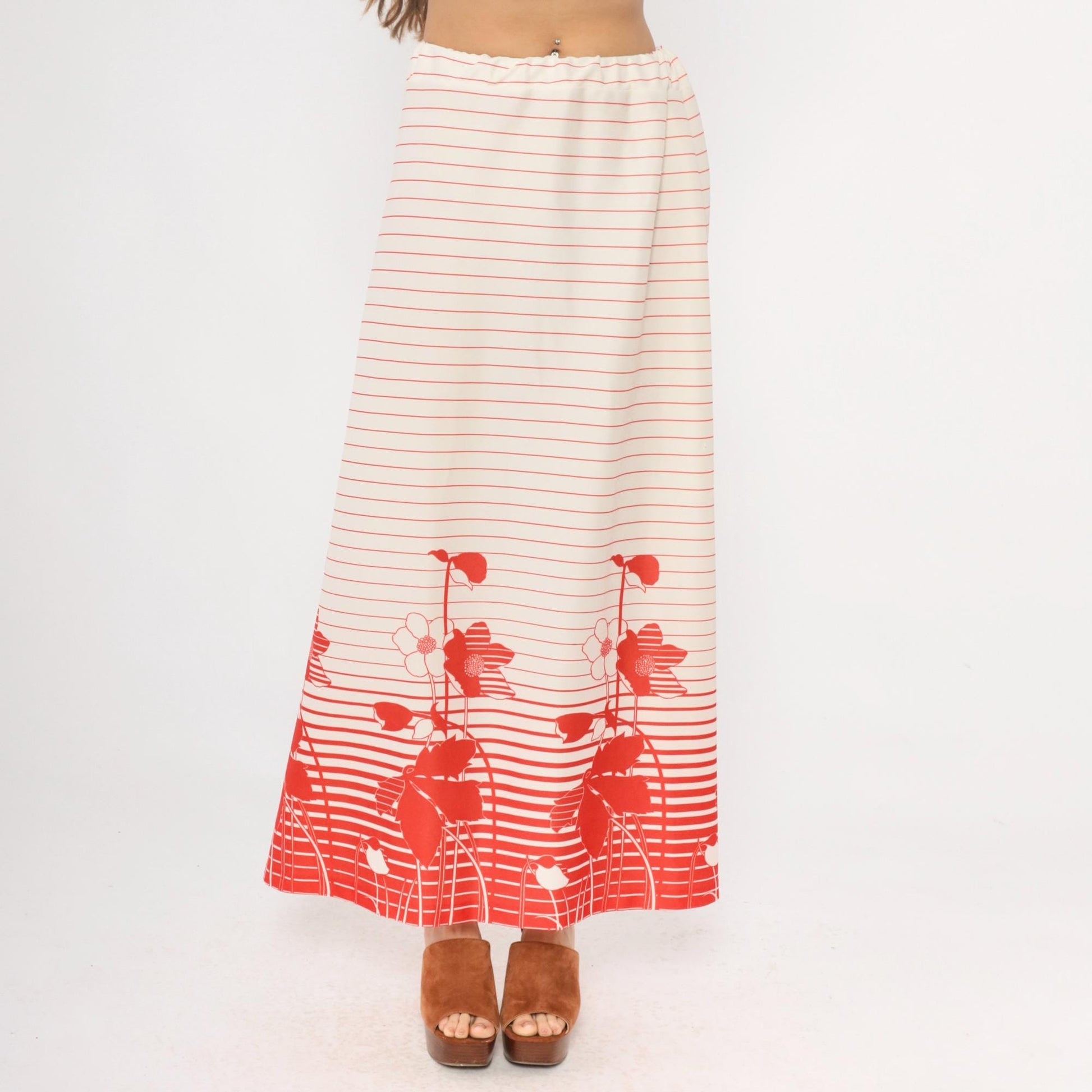 70s Floral Striped Maxi Skirt Red White Cream Elastic Waist A-Line Medium