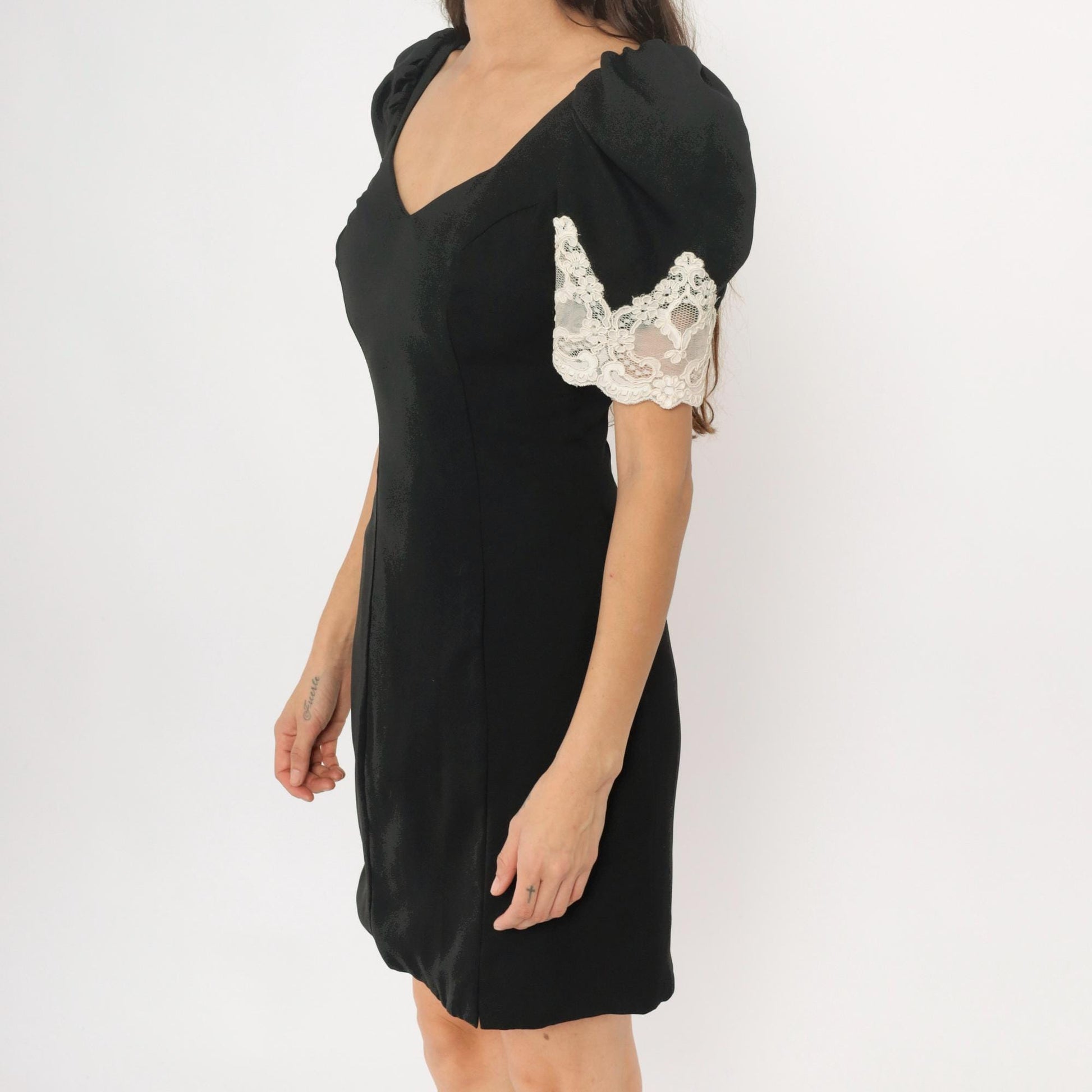 90s Alfred Angelo Black Mini Dress White Lace Puff Sleeves Small S