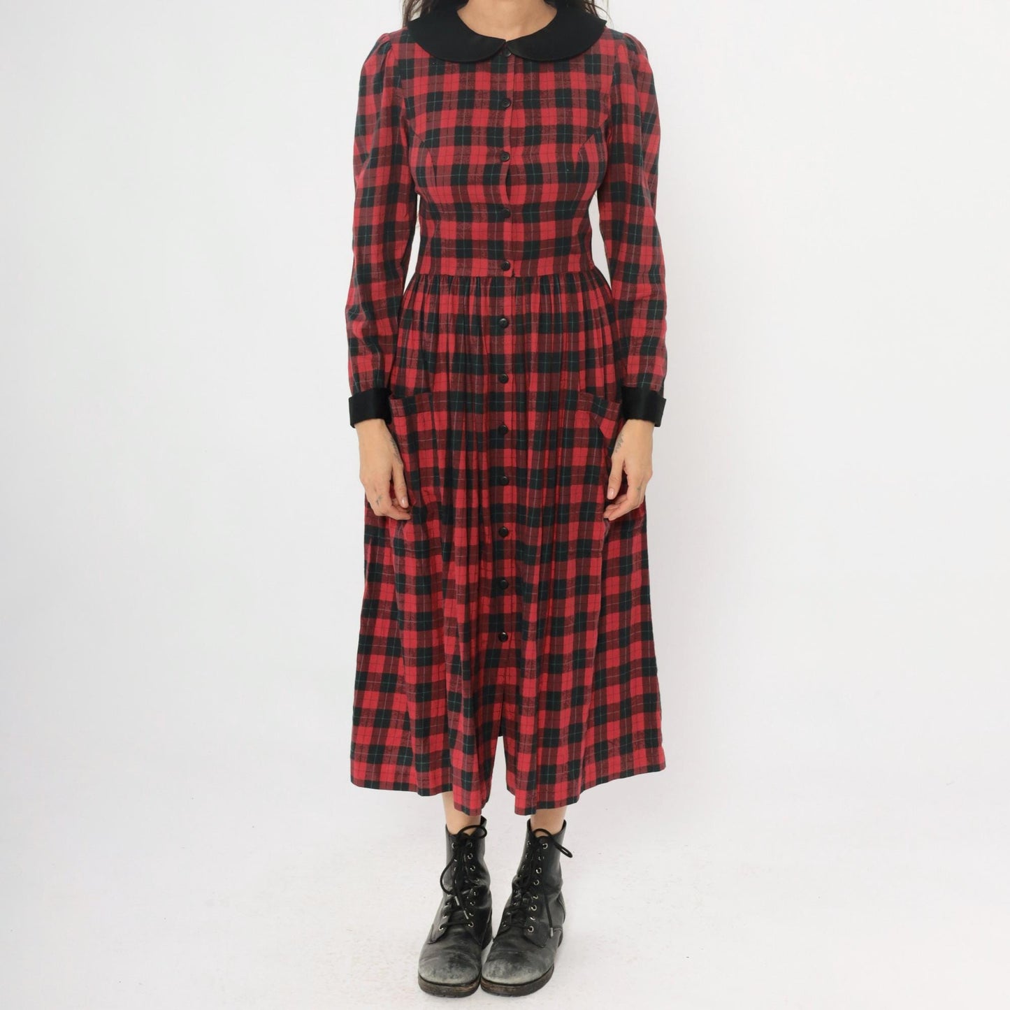 90s St Simon Red Black Plaid Midi Dress Peter Pan Collar Small S