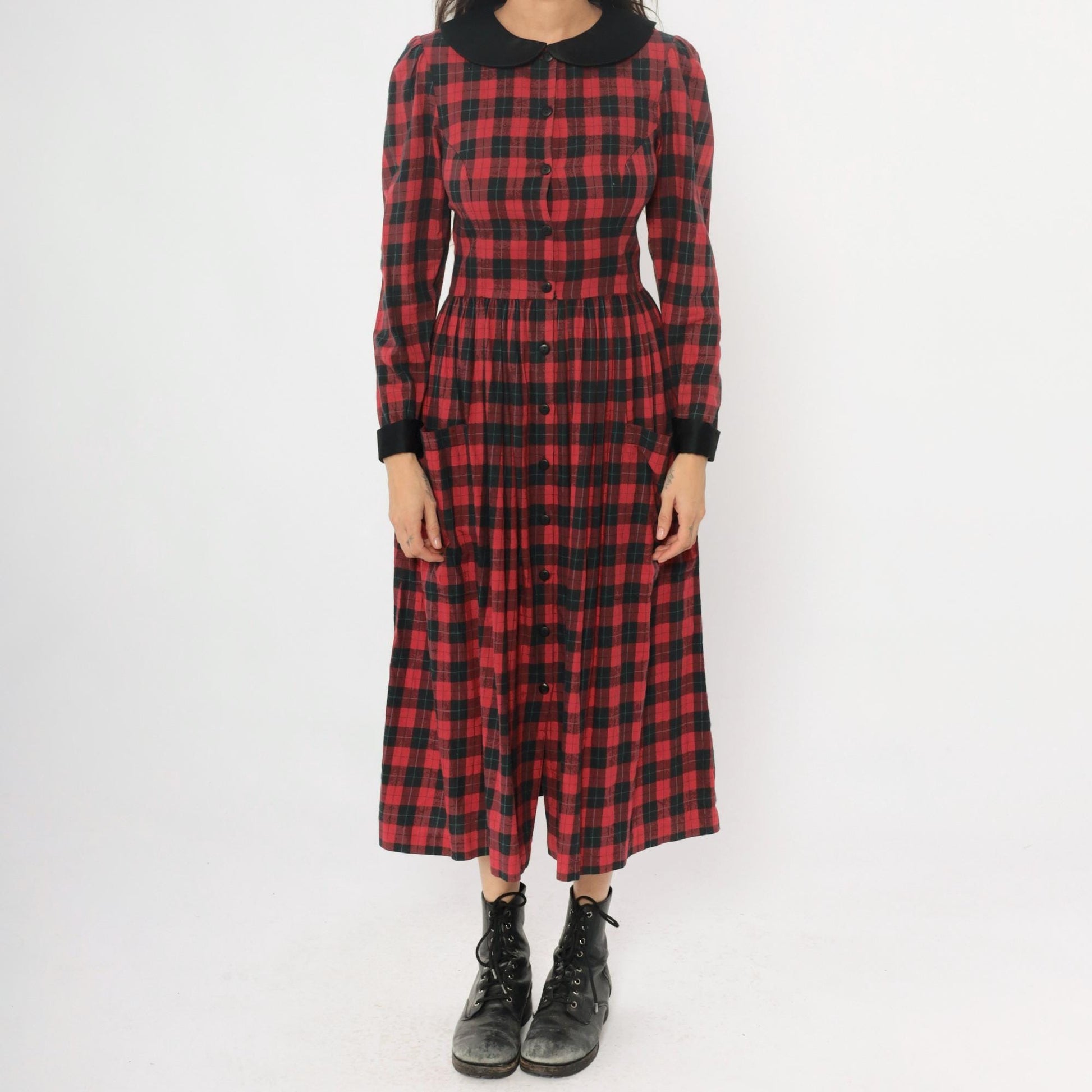 90s St Simon Red Black Plaid Midi Dress Peter Pan Collar Small S