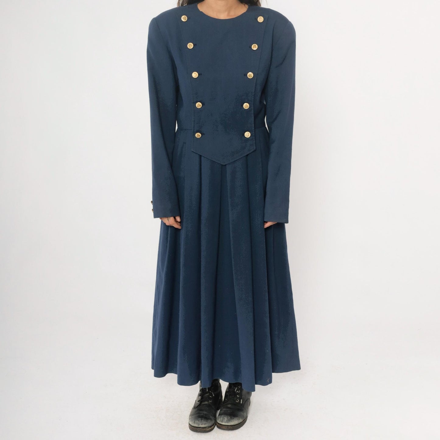 80s Navy Military Double-Breasted Maxi Dress Gold Buttons Large L