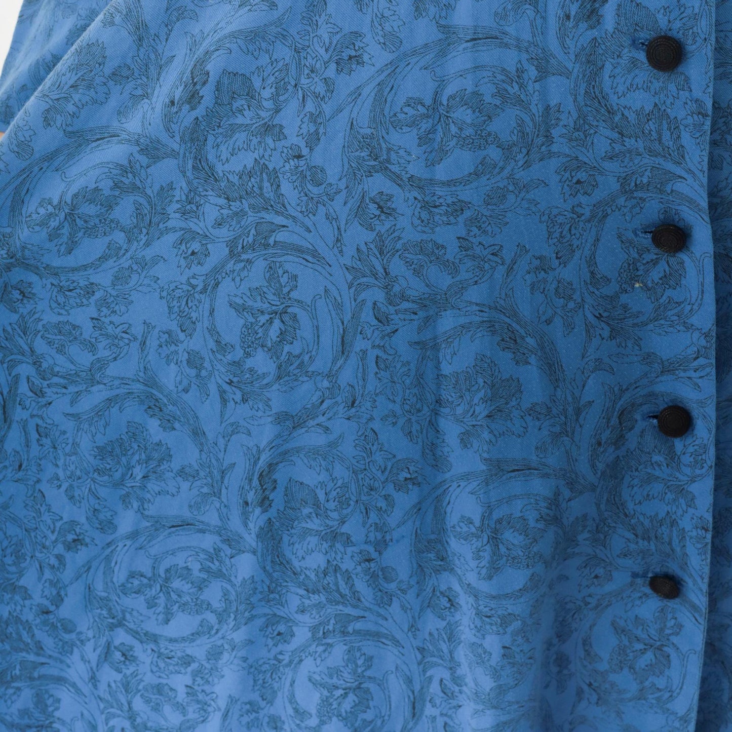 80s Blue Paisley Button-Front Dress V-Neck Long Sleeve Gathered Waist Medium M