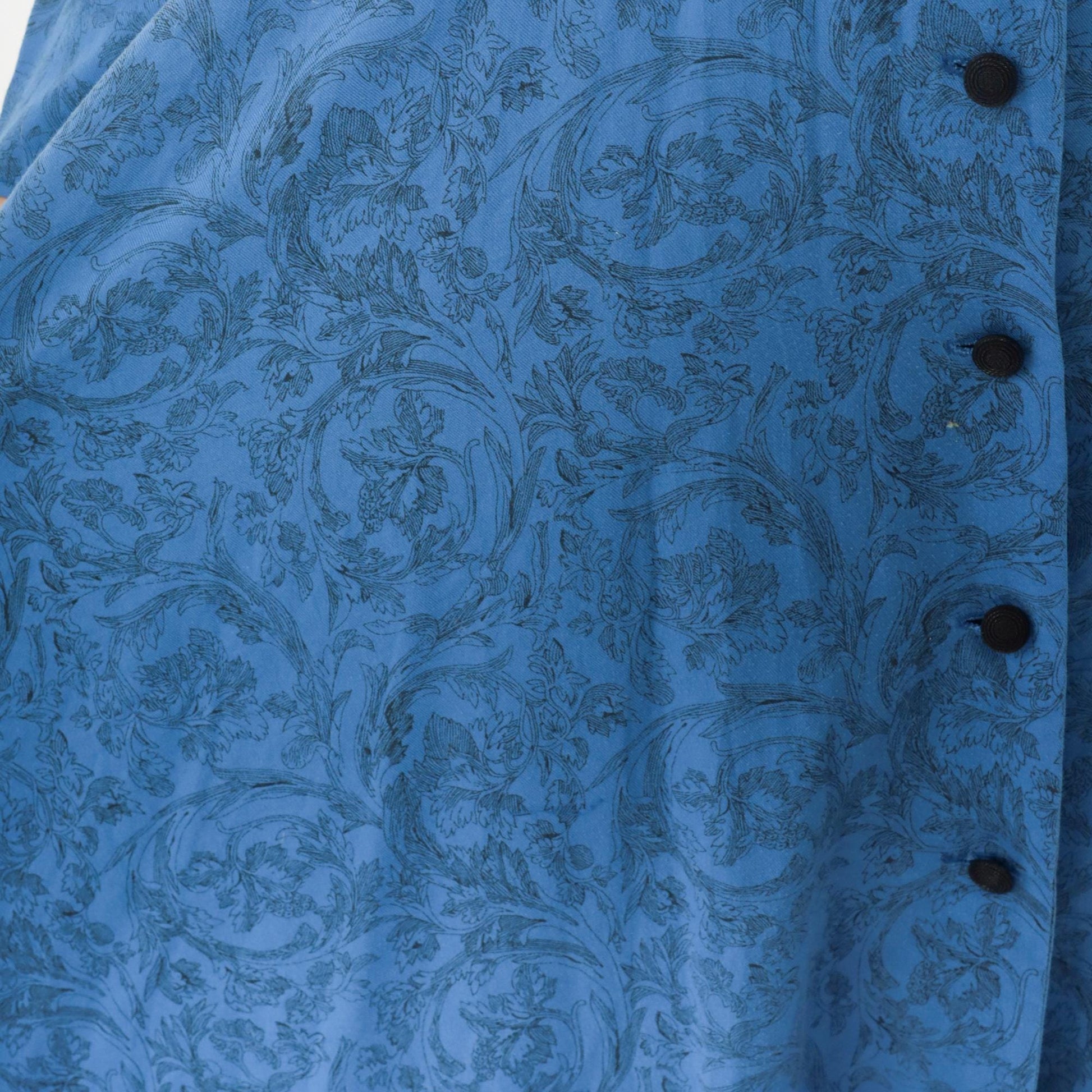 80s Blue Paisley Button-Front Dress V-Neck Long Sleeve Gathered Waist Medium M