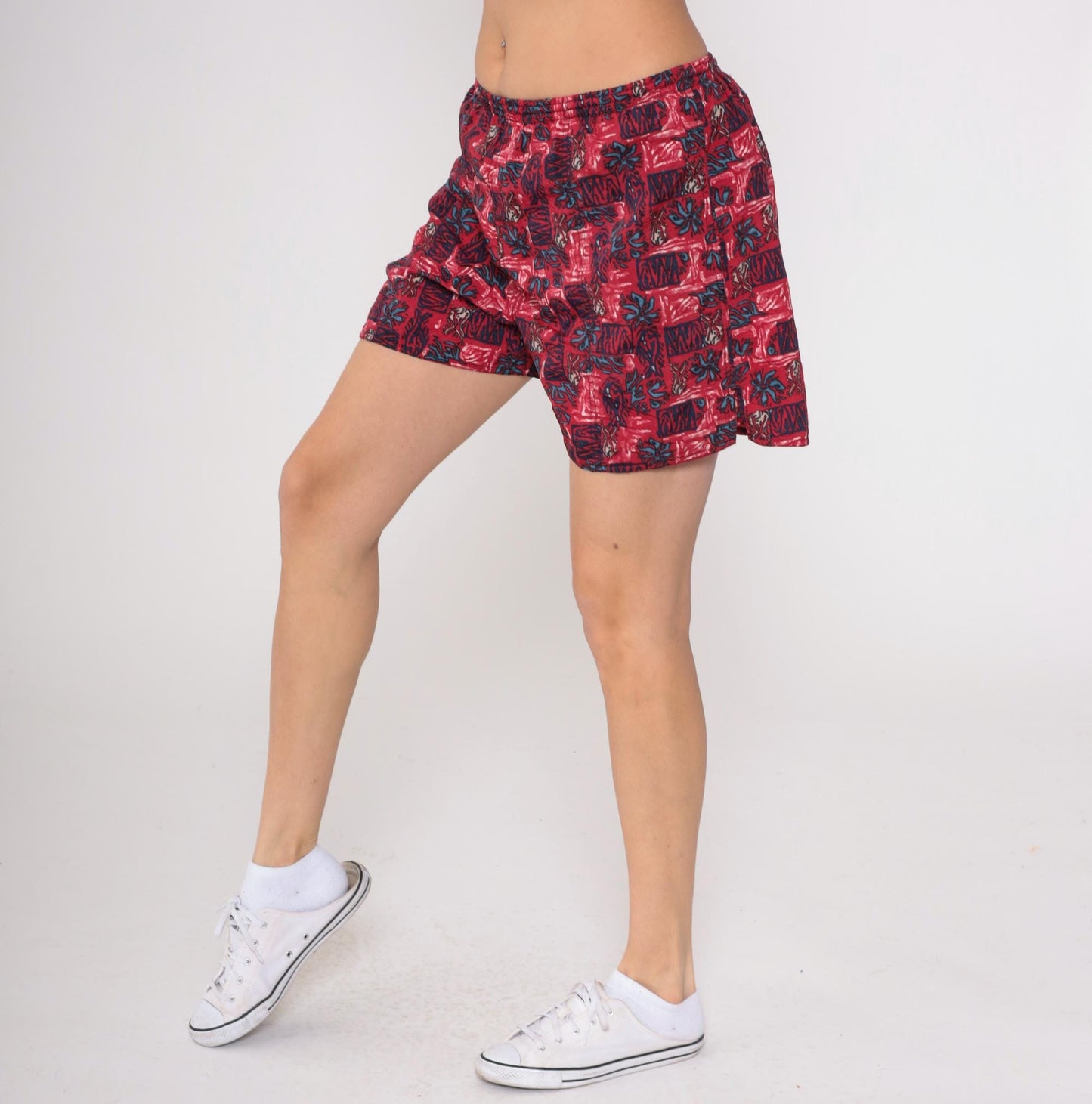 90s Newport Blue Tropical Swim Shorts Red Floral High Rise Medium