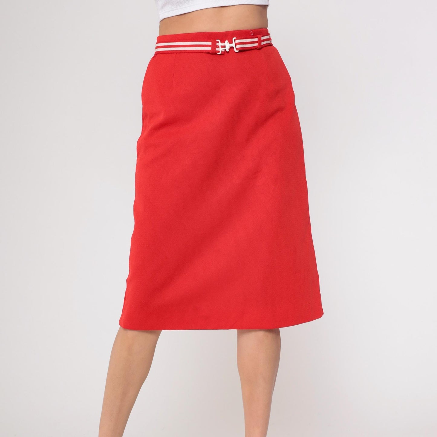 80s Act 3 Red Pencil Skirt White Striped Belt Knee-Length Medium