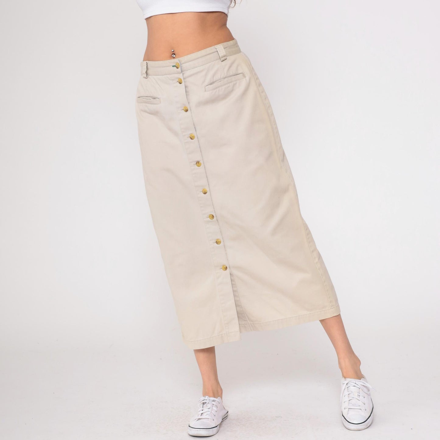 90s Tommy Hilfiger Khaki Skirt Cotton High Waist Button Front Large