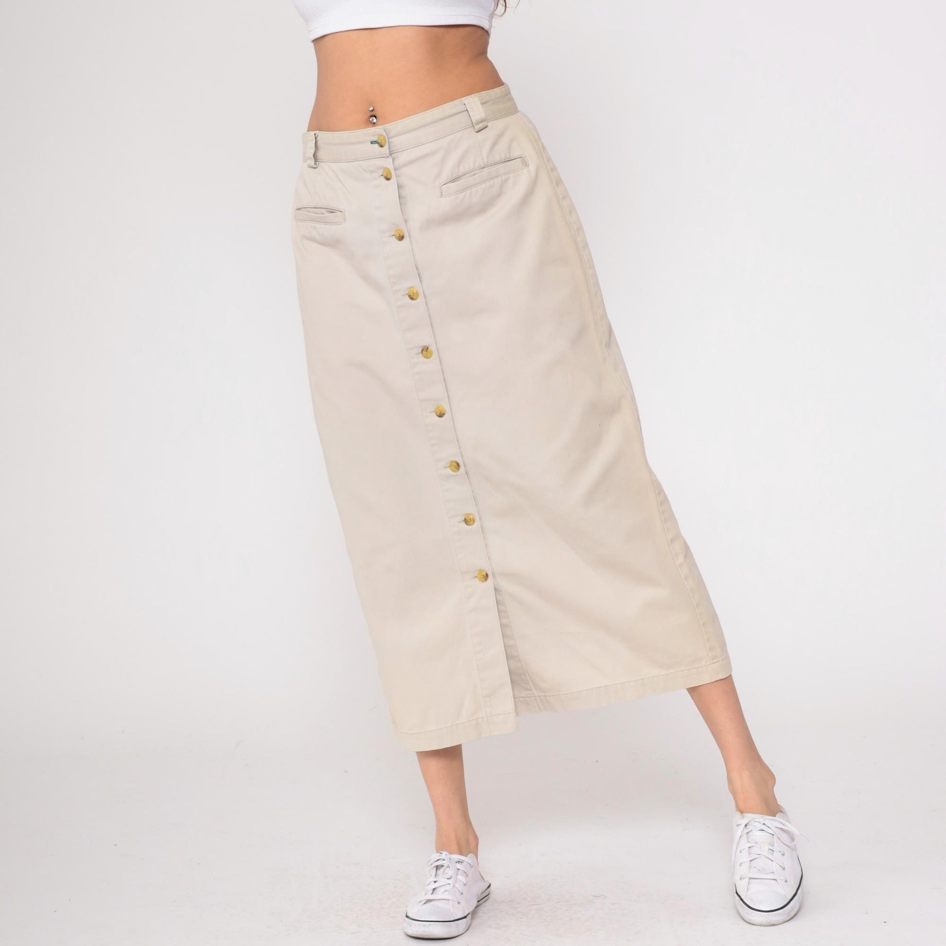 90s Tommy Hilfiger Khaki Skirt Cotton High Waist Button Front Large