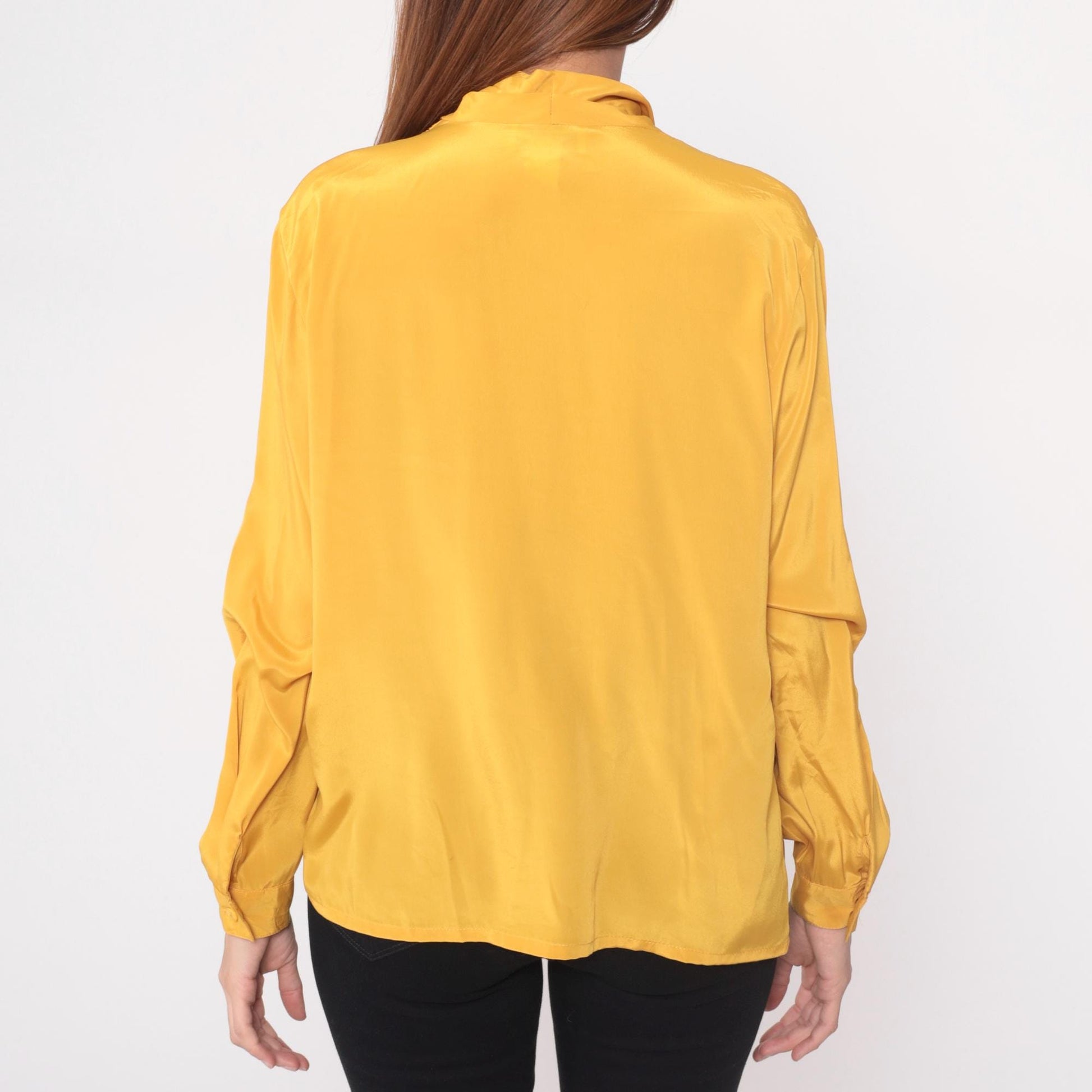 90s Impressions Golden Yellow Wrap Blouse Surplice Neckline Long Sleeve Large L