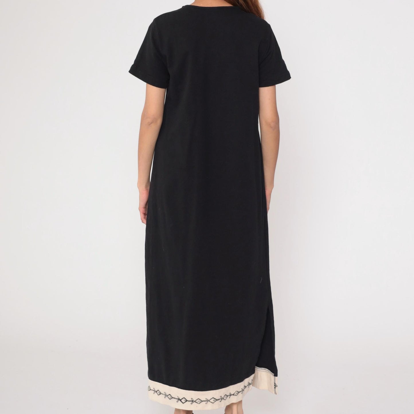 90s Black Cotton Maxi Dress Short Sleeve Embroidered Contrast Hem Medium M