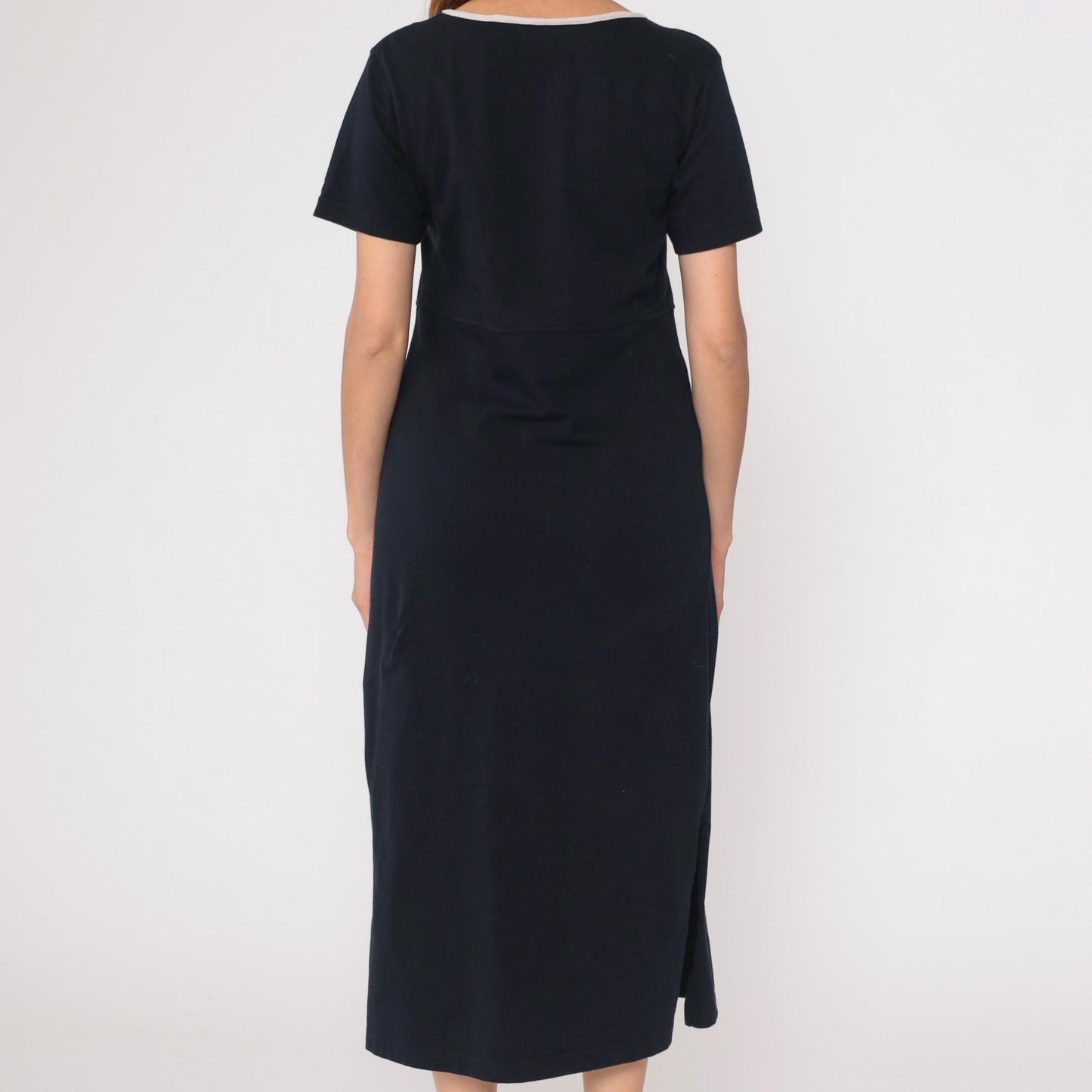 90s Black Cotton Giraffe Appliqué Midi Dress Embroidered Floral Medium M