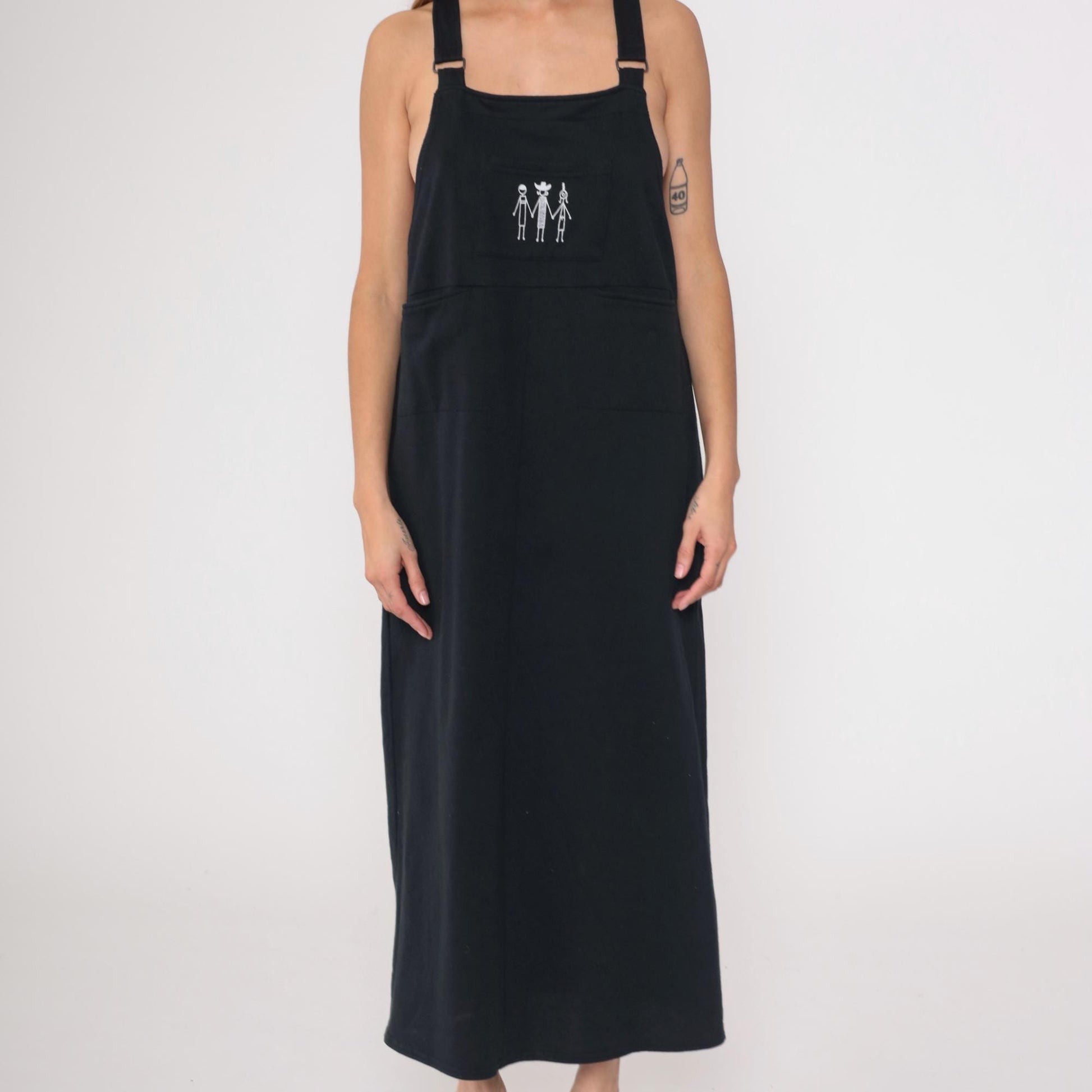 90s California Concepts Black Maxi Dress Stick Figure Embroidery Square Neck Medium Large
