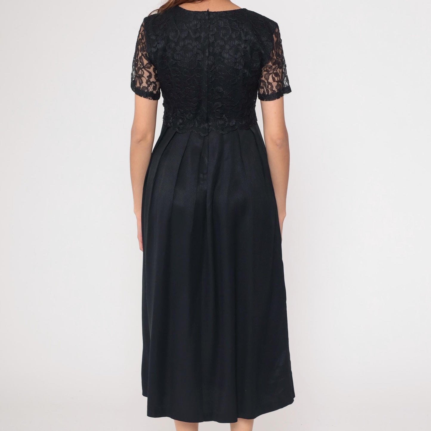90s Black Lace Empire Waist Midi Dress Bow Detail Medium M