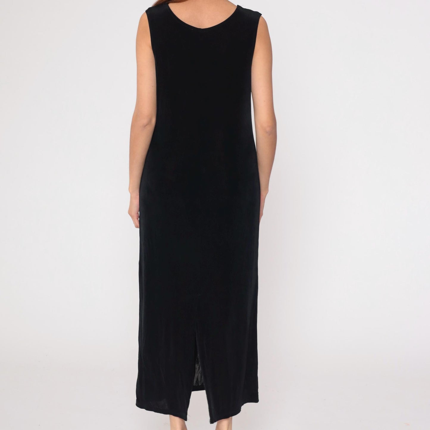 90s Black Sleeveless Column Maxi Dress Scoop Neck Side Slit Medium