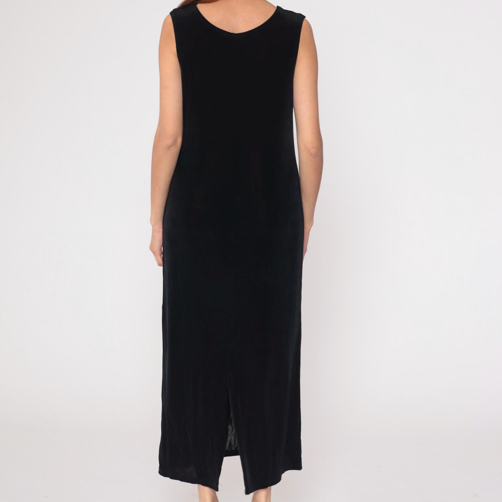 90s Black Sleeveless Column Maxi Dress Scoop Neck Side Slit Medium