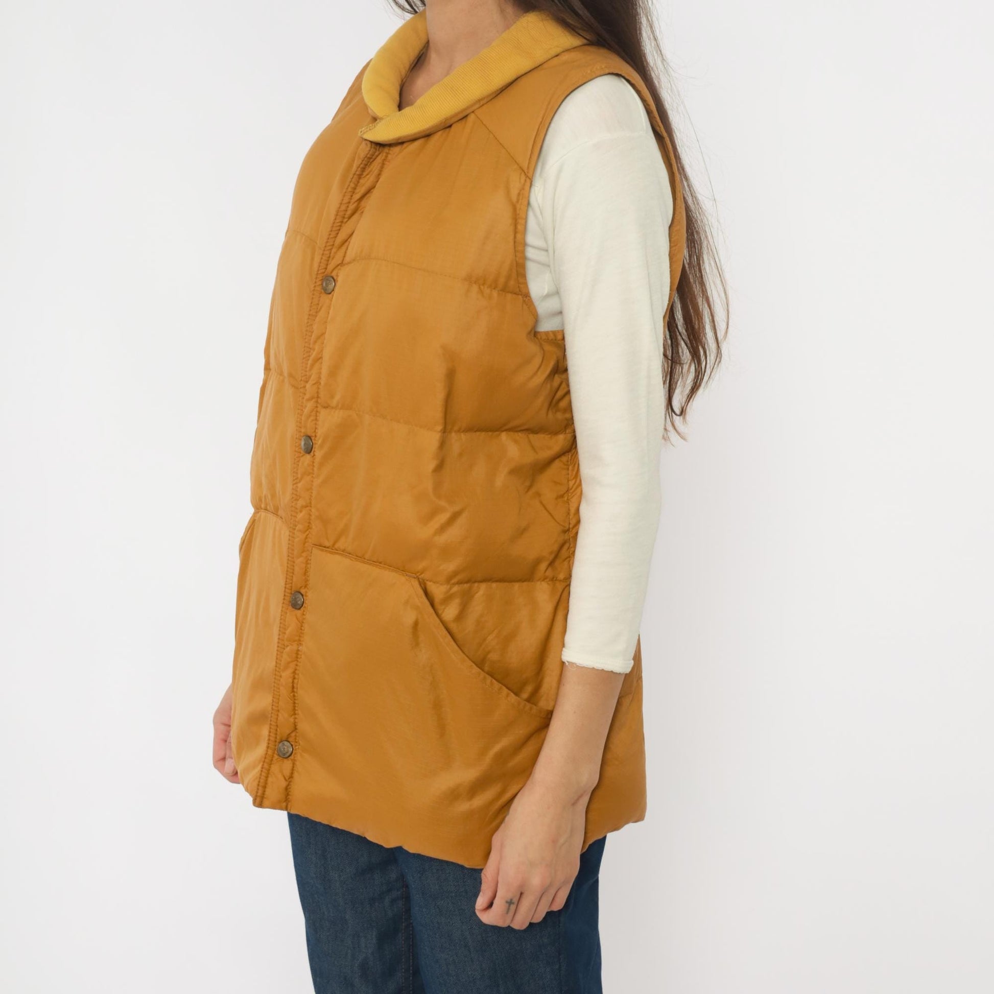 80s Eddie Bauer Down Vest Mustard Yellow Quilted Snap Front Large L