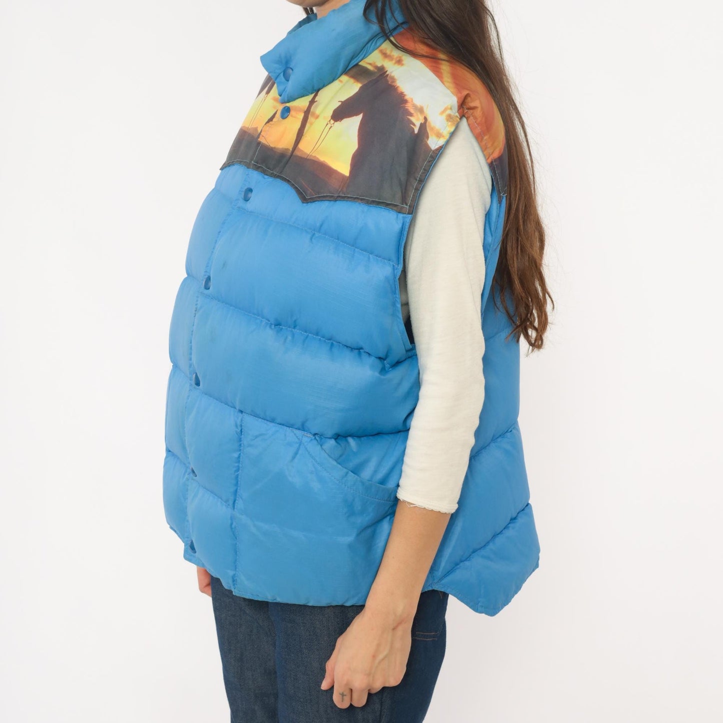 70s Western Sunset Puffer Vest Blue Down Quilted Snap Front Extra Large XL