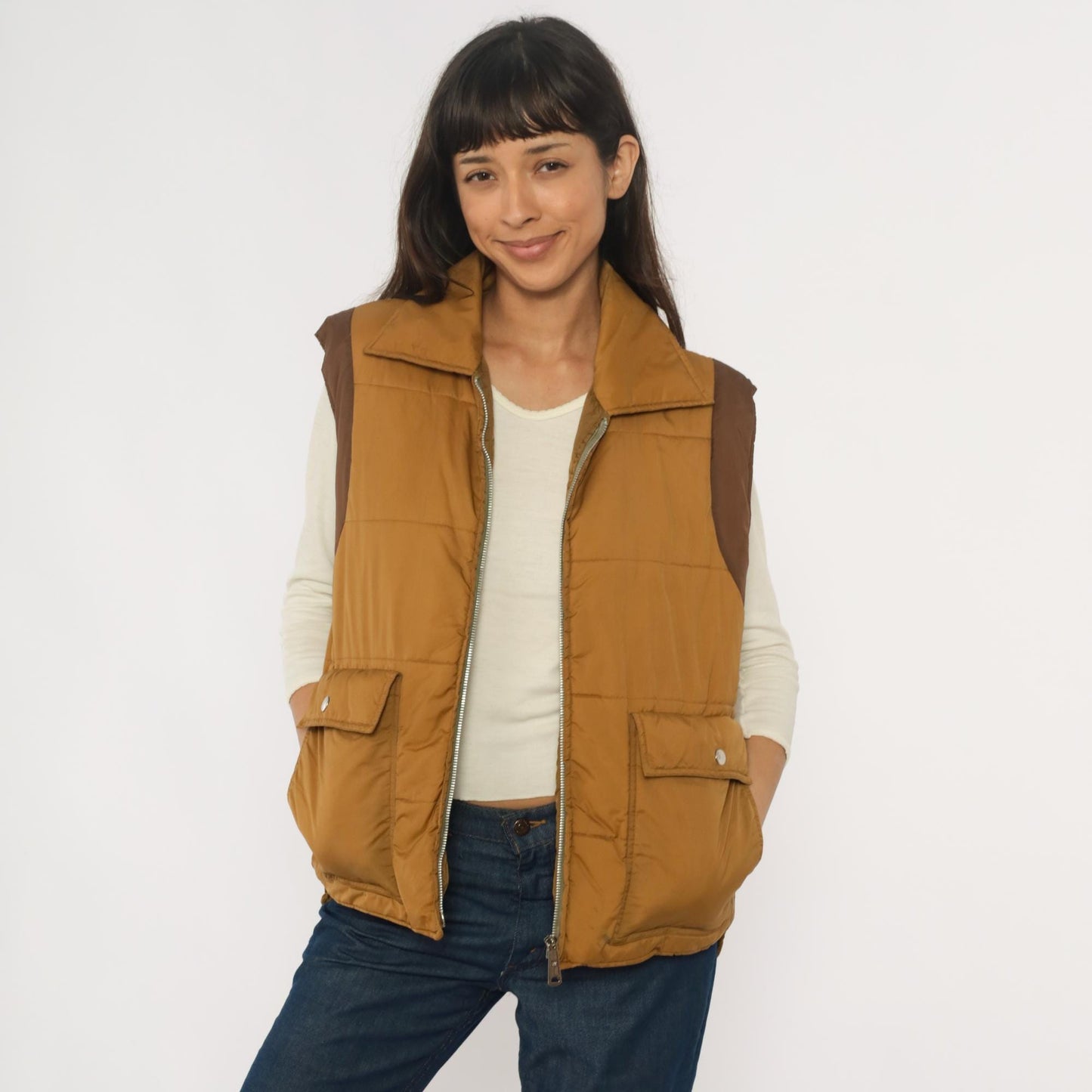 80s Mustard Brown Quilted Puffer Vest Nylon Zip Front Medium