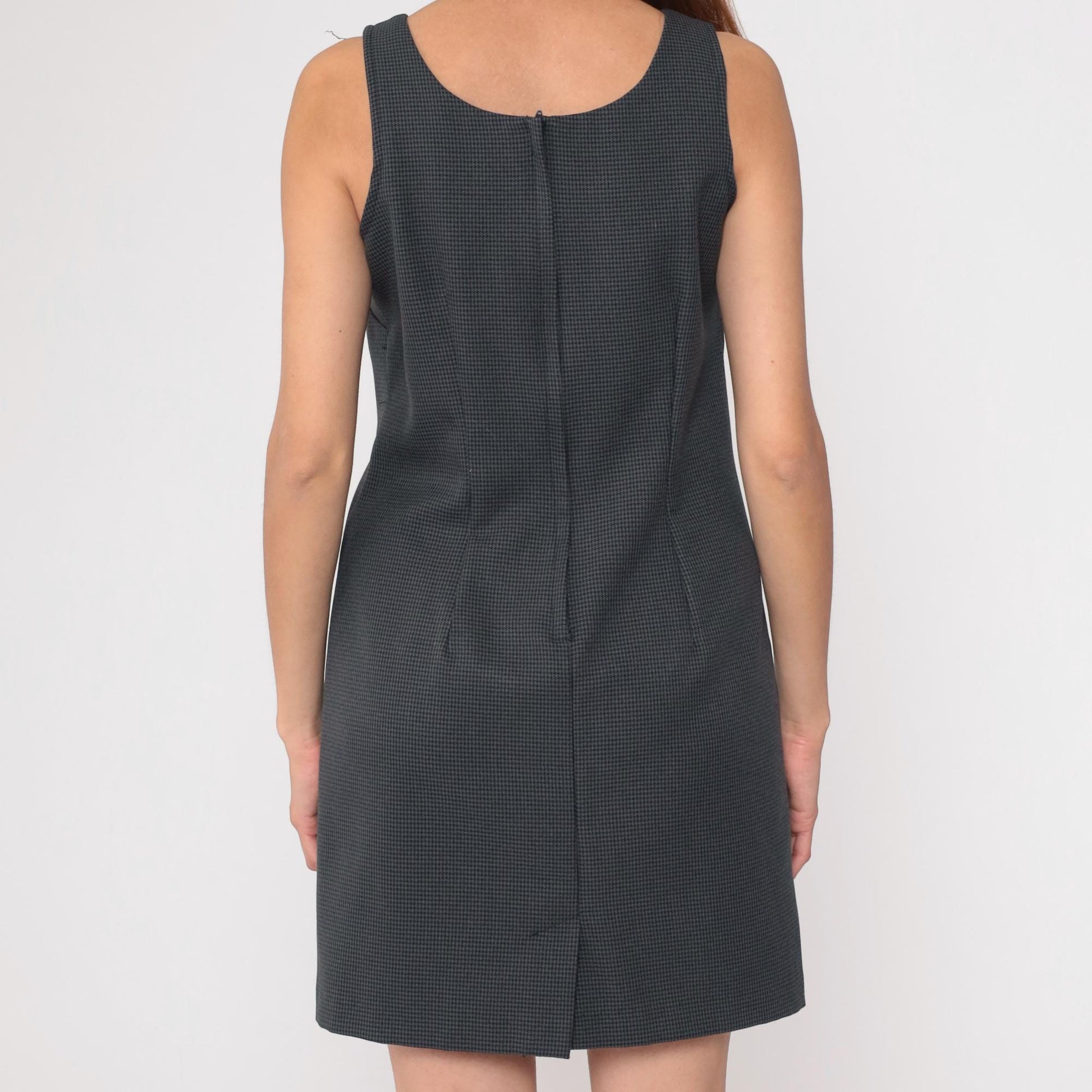 90s Houndstooth Shift Dress Black Grey Scoop Neck Sleeveless Medium
