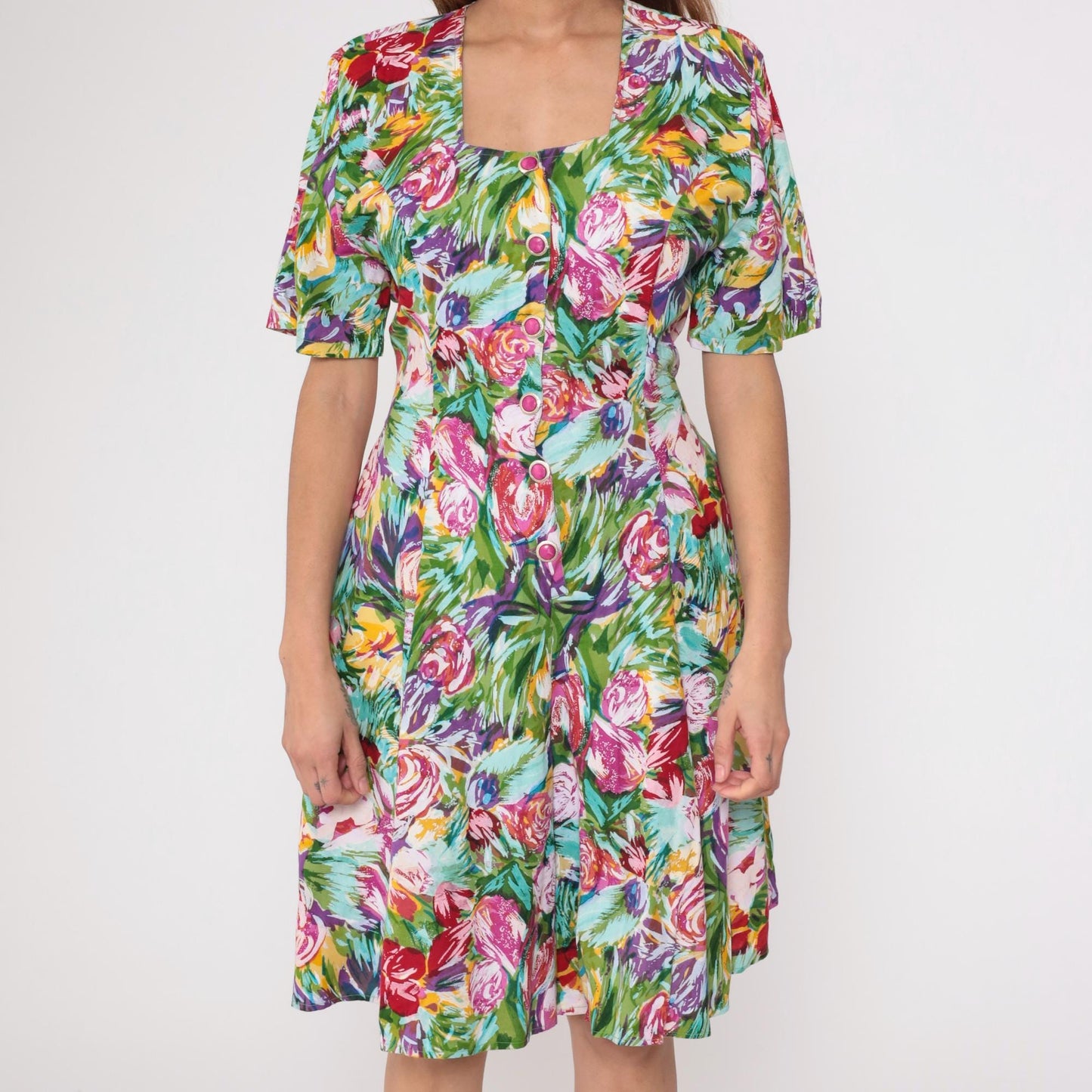 90s Floral Sundress Puff Sleeve Multicolor Watercolor Button Front Medium