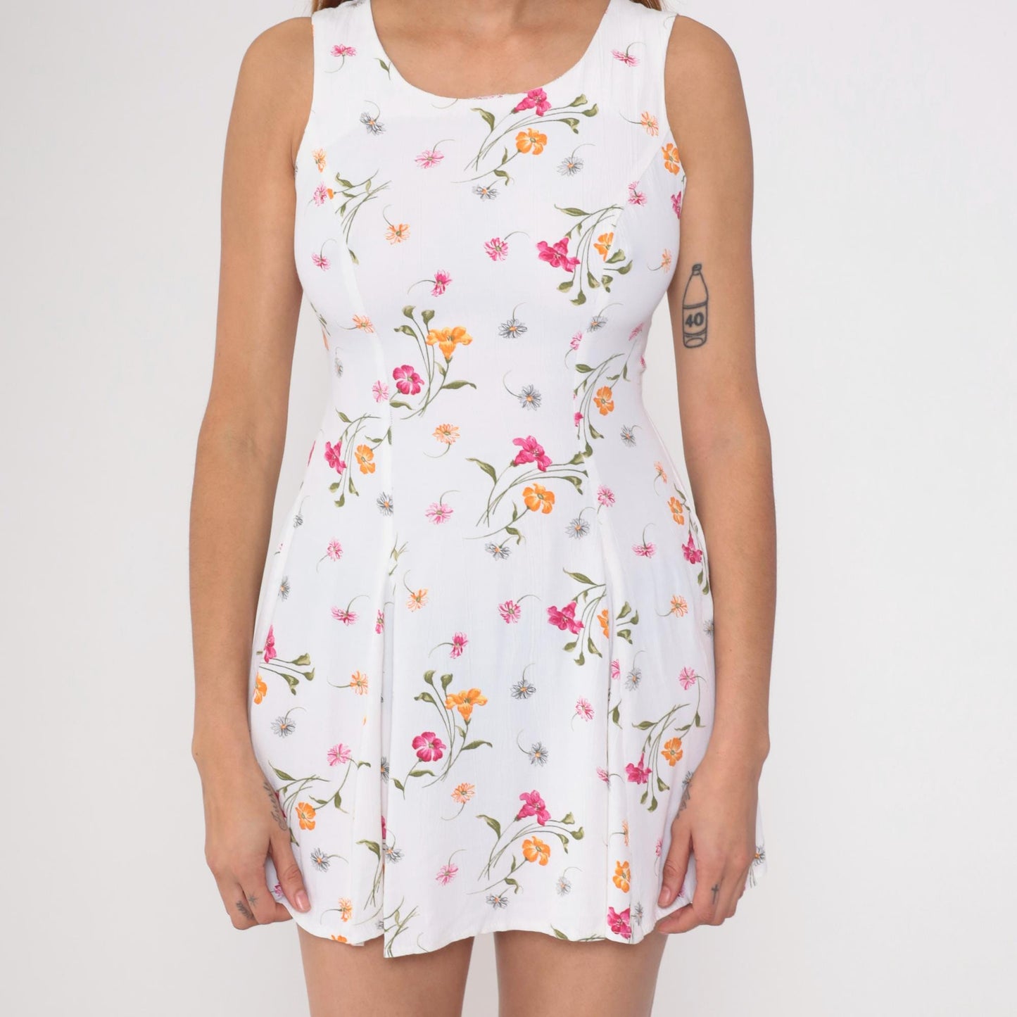 90s Benson and Smith Floral Mini Dress White Pink Orange Small