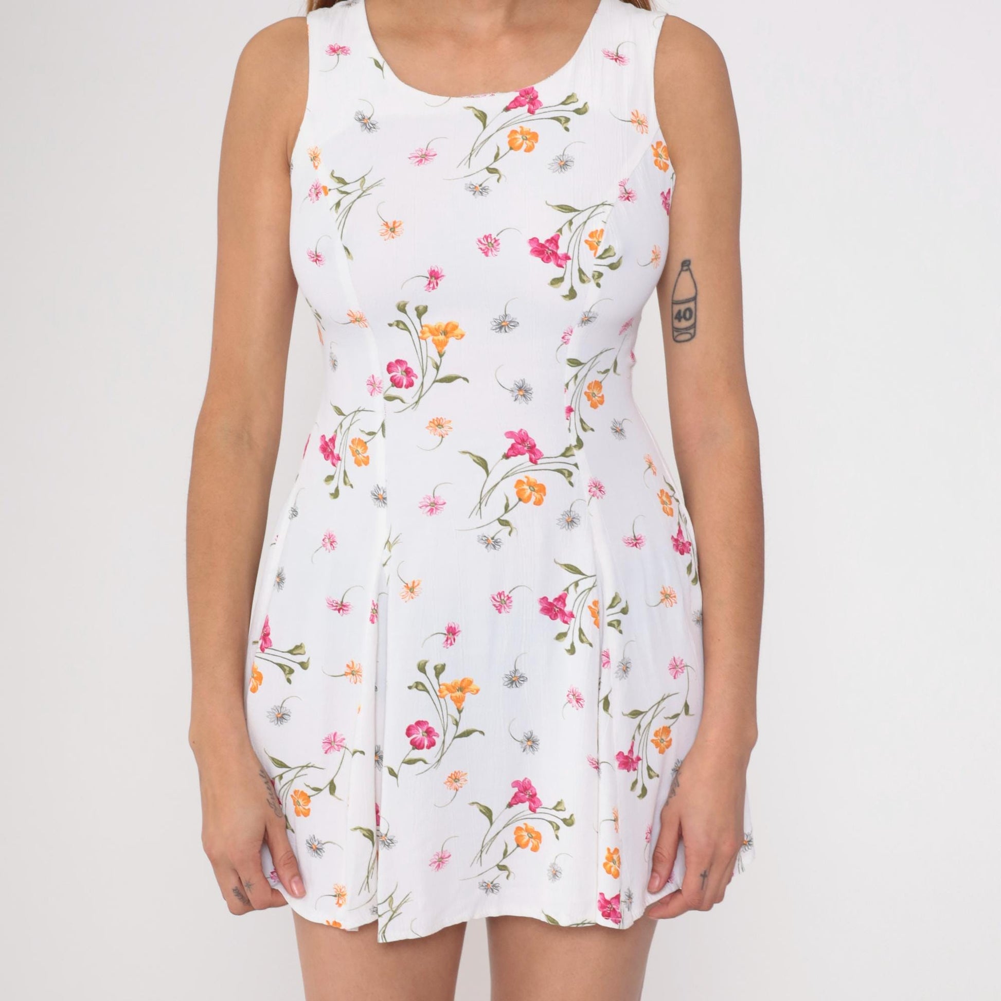 90s Benson and Smith Floral Mini Dress White Pink Orange Small