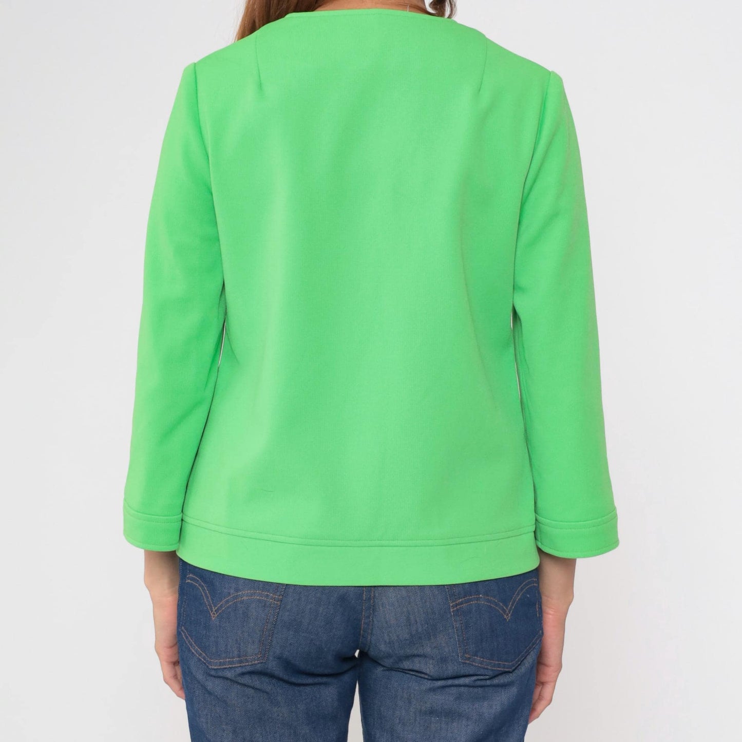 70s Lime Green Zip-Front Jacket Collarless Mod Blazer Medium M