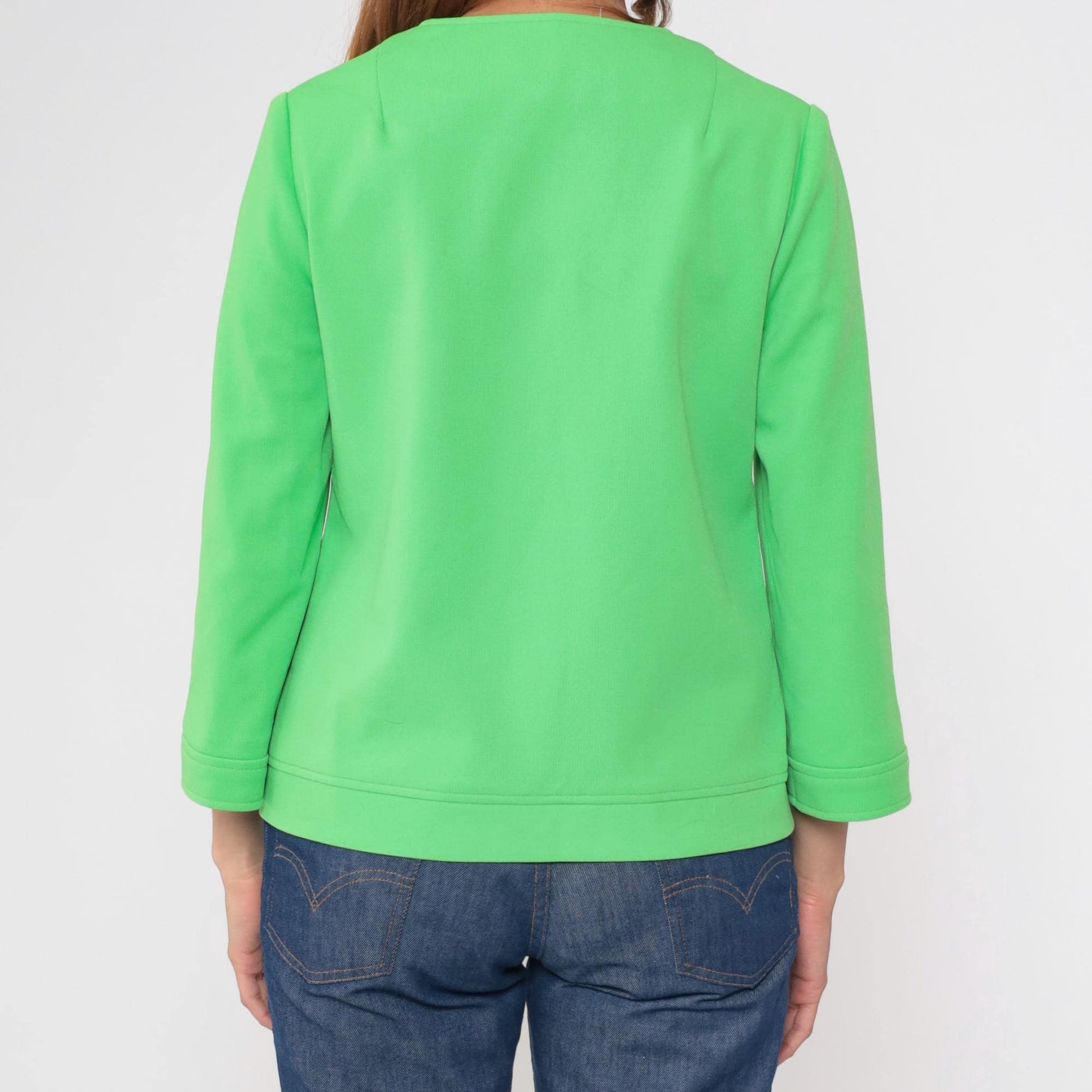 70s Lime Green Zip-Front Jacket Collarless Mod Blazer Medium M