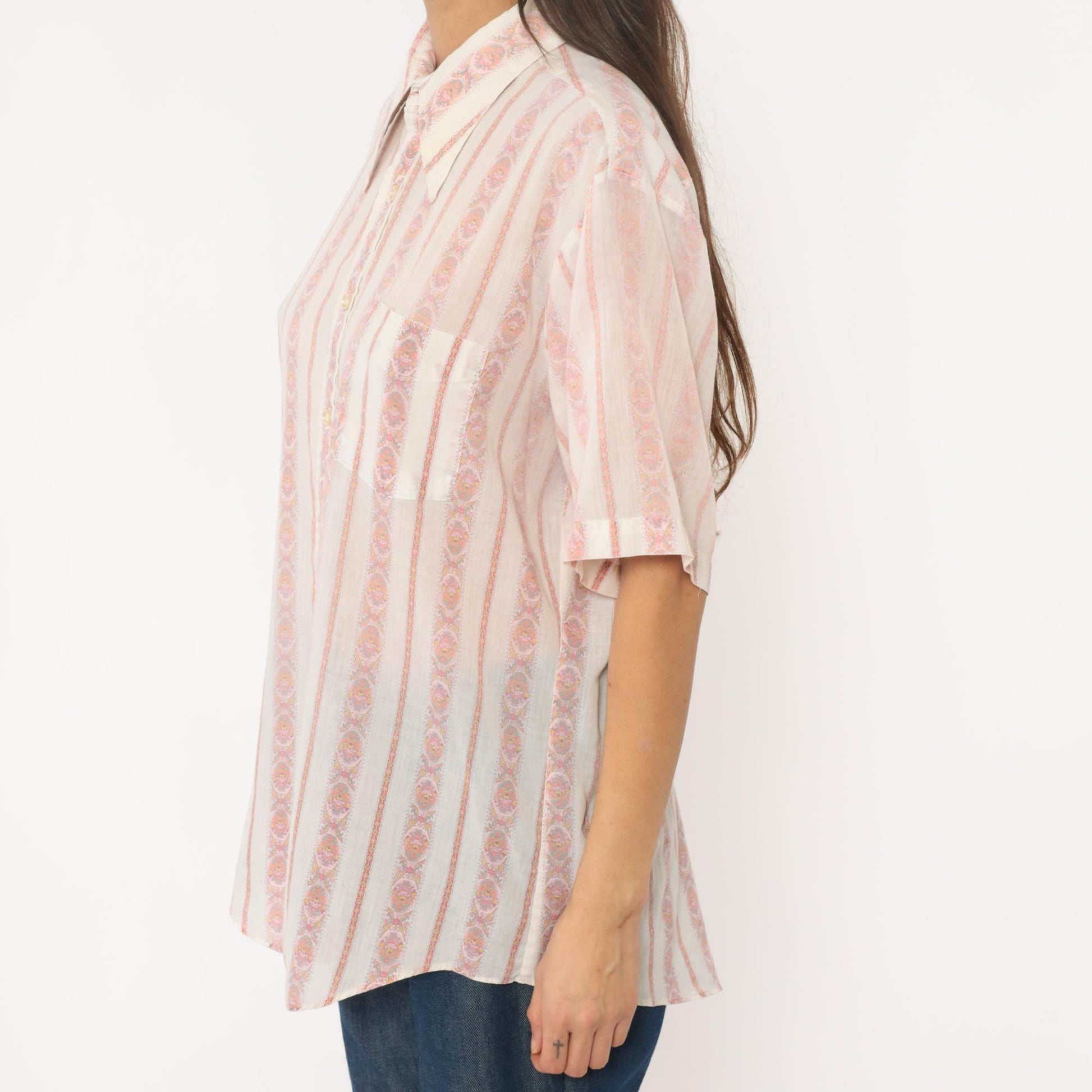 70s Campus Pink Striped Paisley Button-Down Blouse Pointed Collar Large L