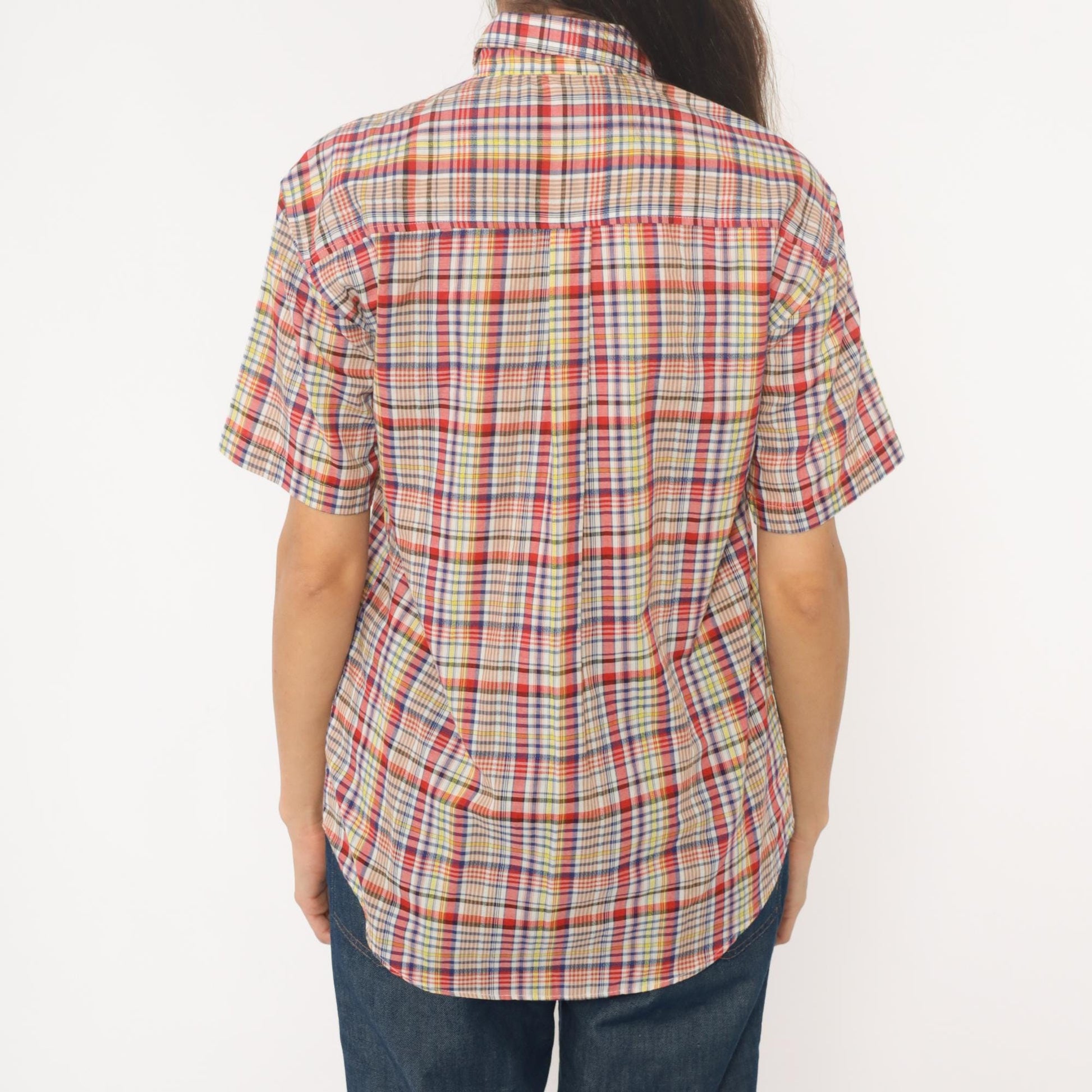 90s Multicolor Plaid Button-Up Shirt Cotton Short Sleeve Small S