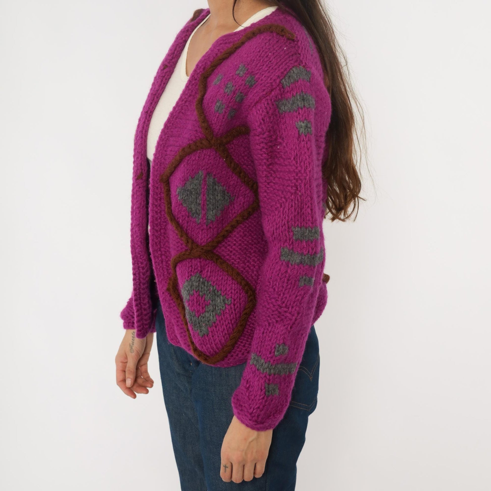 90s Purple Argyle Cardigan Wool Blend Chunky Knit Diamond Pattern Small
