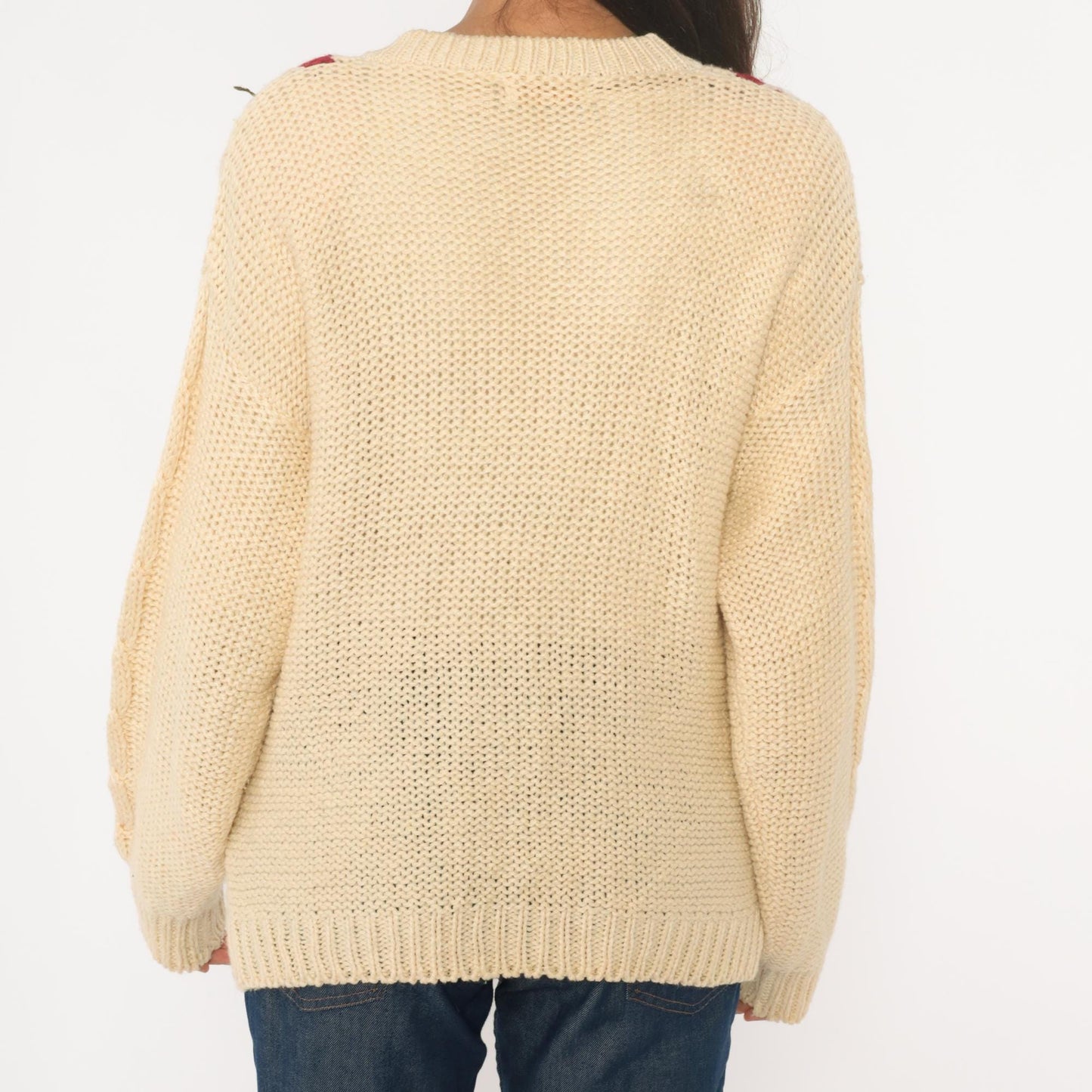 90s Fair Isle Cardigan Cream Cable Knit Button Front Nordic Pattern Medium M