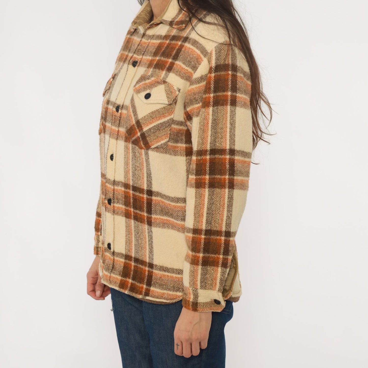 70s Briarcliff Plaid Flannel Shirt Cream Brown Cotton Blend Lined Medium