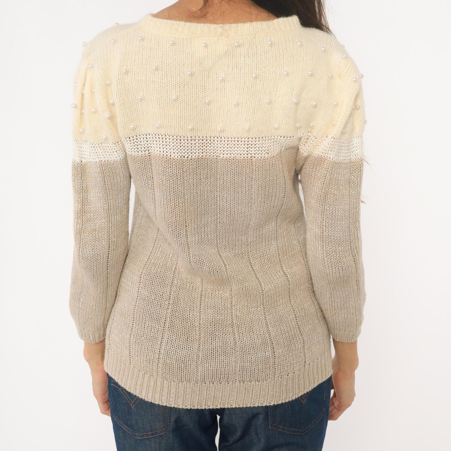 80s Lloyd Williams Beaded Colorblock Sweater Cream Beige Pearl Large