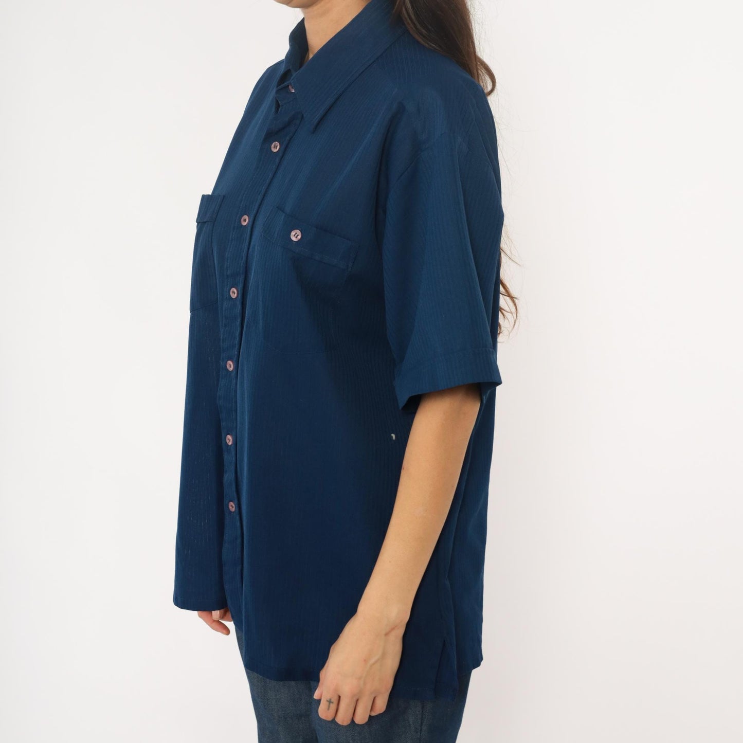 70s Navy Polyester Button-Up Shirt Short Sleeve Chest Pockets Extra Large