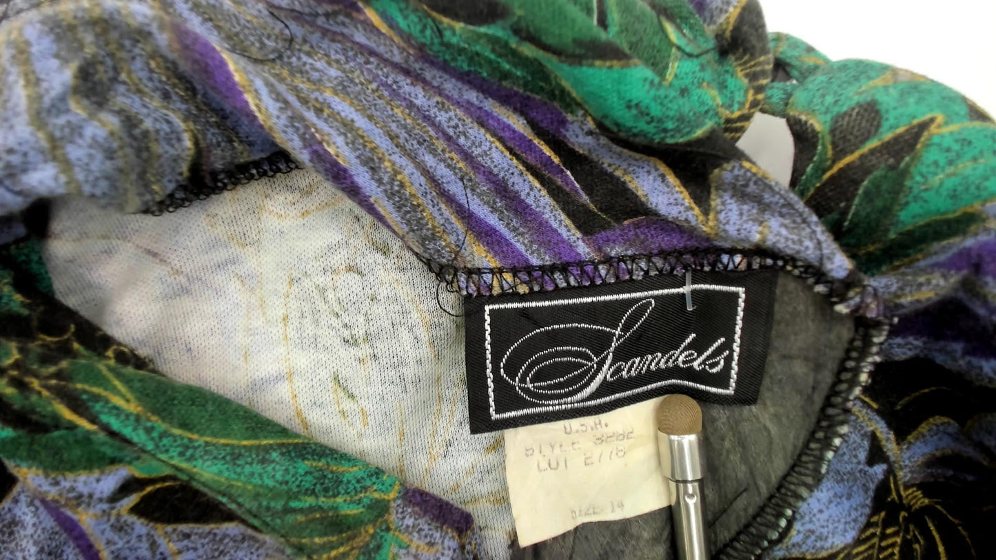 90s Scandels Black Floral Maxi Dress Purple Green Puff Sleeve Drop Waist Medium