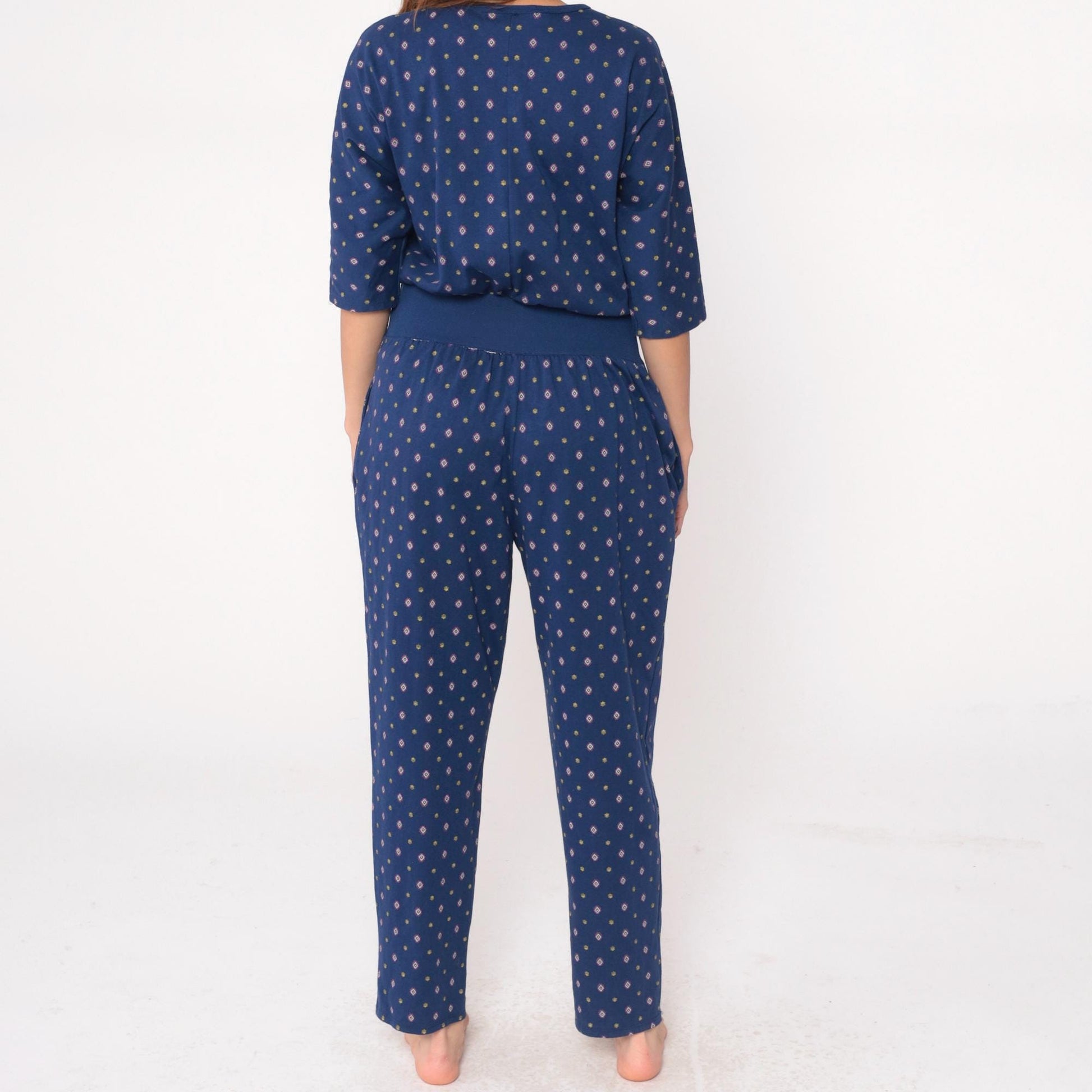 80s Rebe Geometric Jumpsuit Navy Diamond Print Button Front Medium M