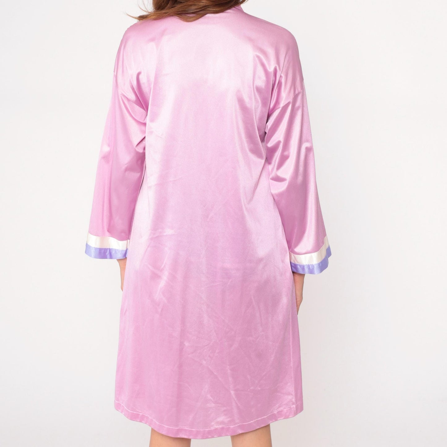 70s Vanity Fair Pink Nylon Robe Mandarin Collar Embroidered Bird Small