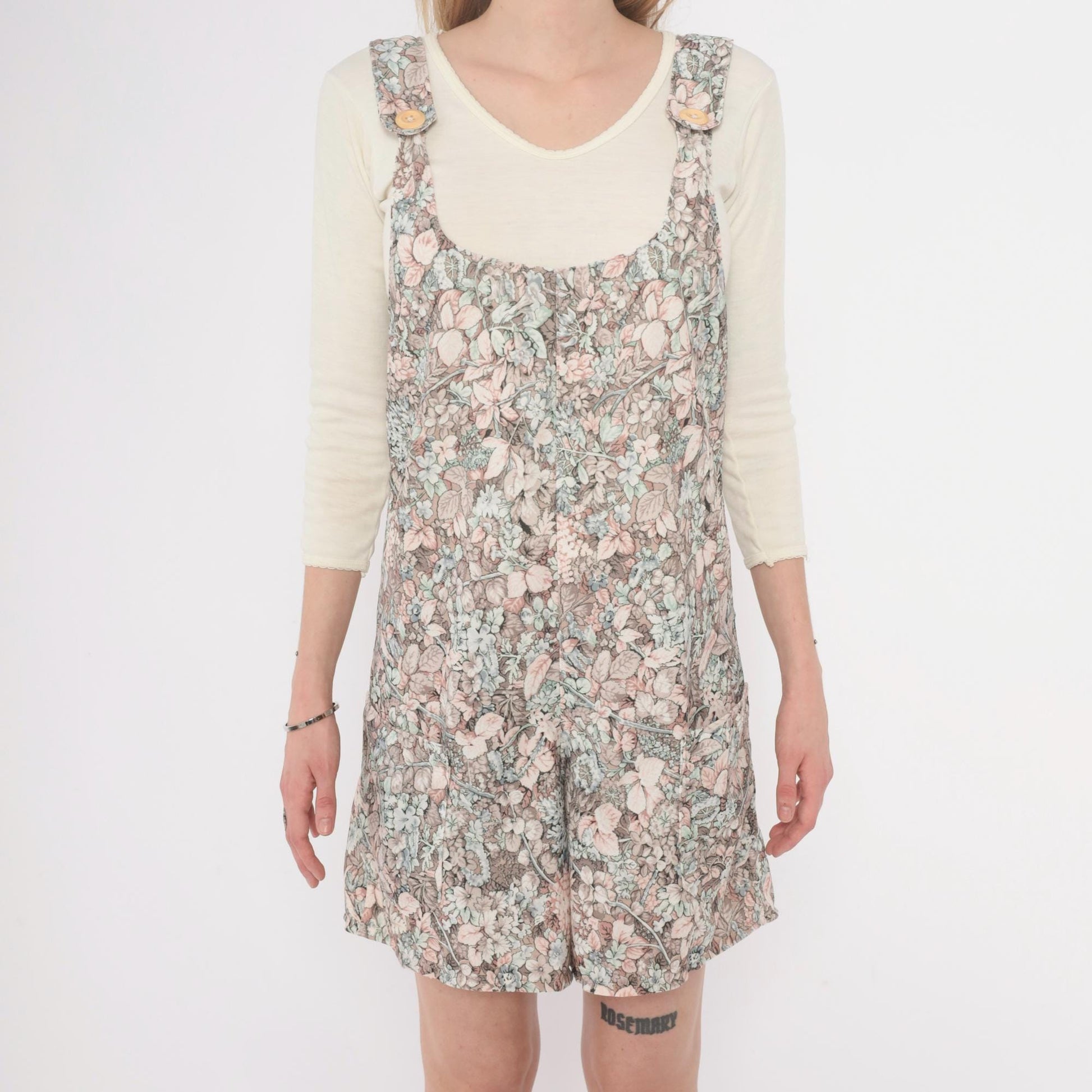 70s Floral Romper Pink Green Cream Scoop Neck Playsuit Small S