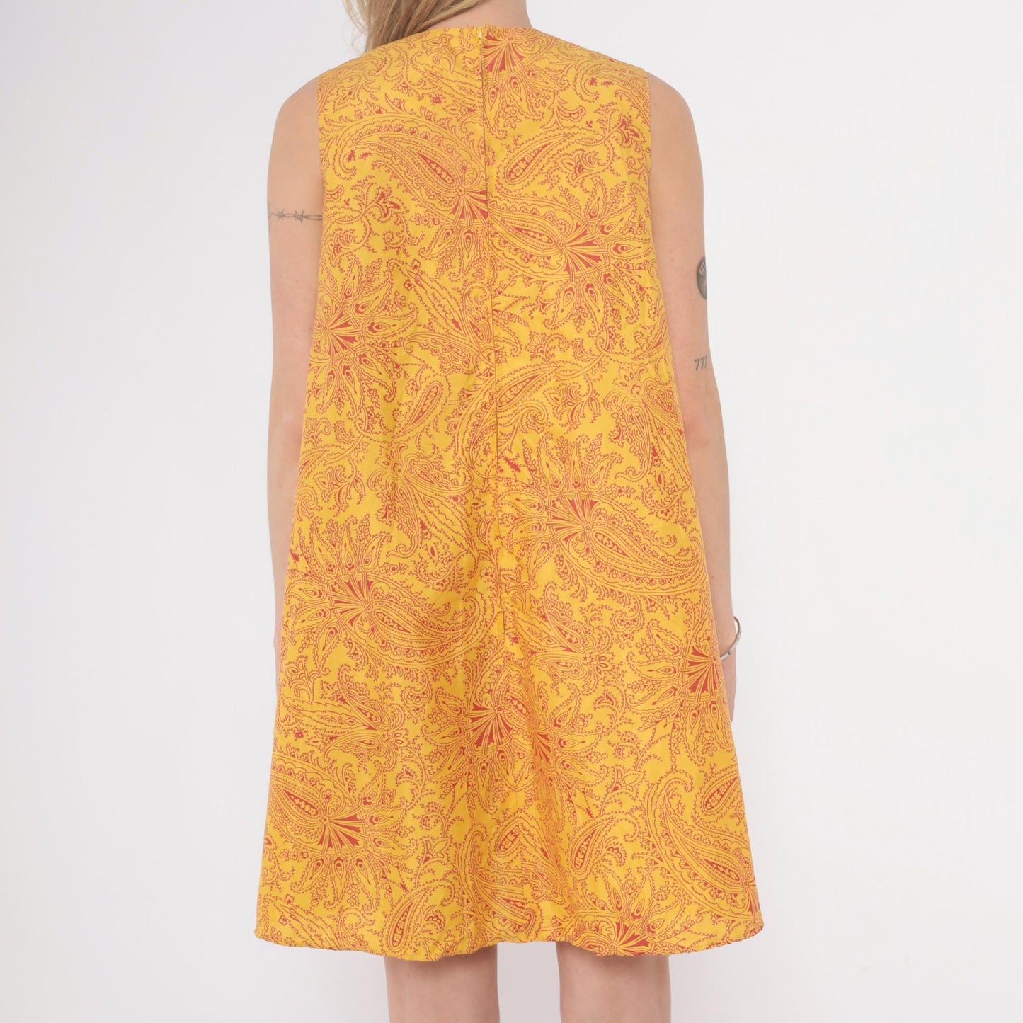 60s Gay Gibson Paisley Shift Dress Yellow Red Sleeveless XS