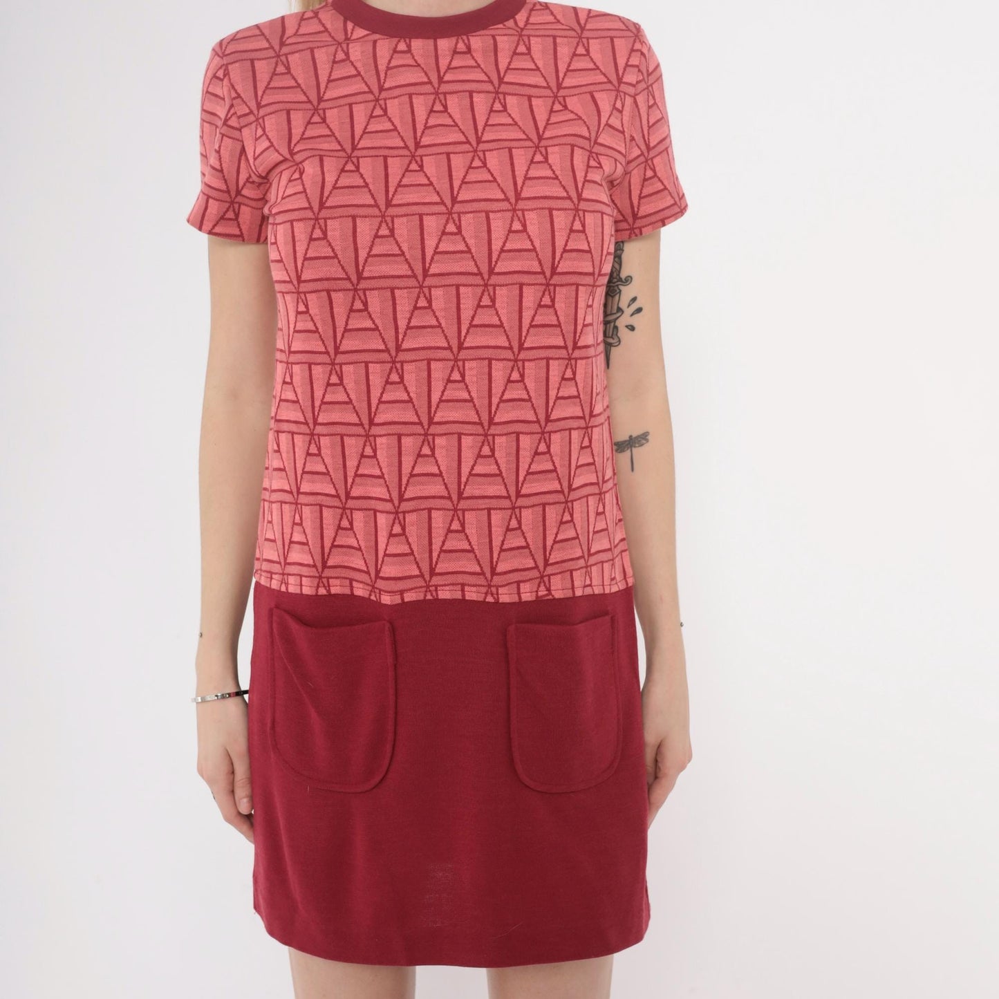 60s Coral Geometric Shift Dress Mini Knee-Length Mod Space Age Pink Extra Small XS