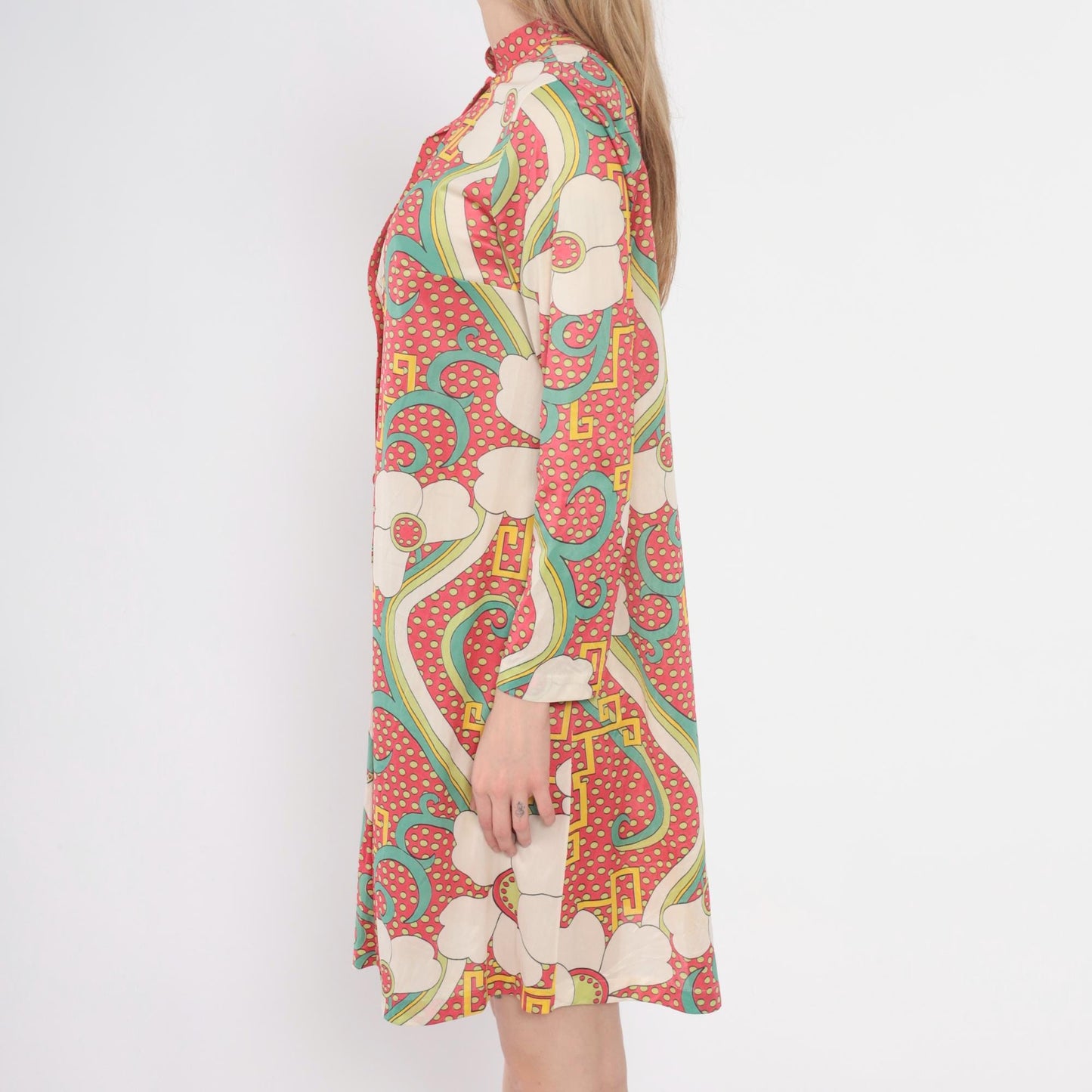 70s Psychedelic Floral Tunic Dress Pink Cream Mint Knee-Length Medium M