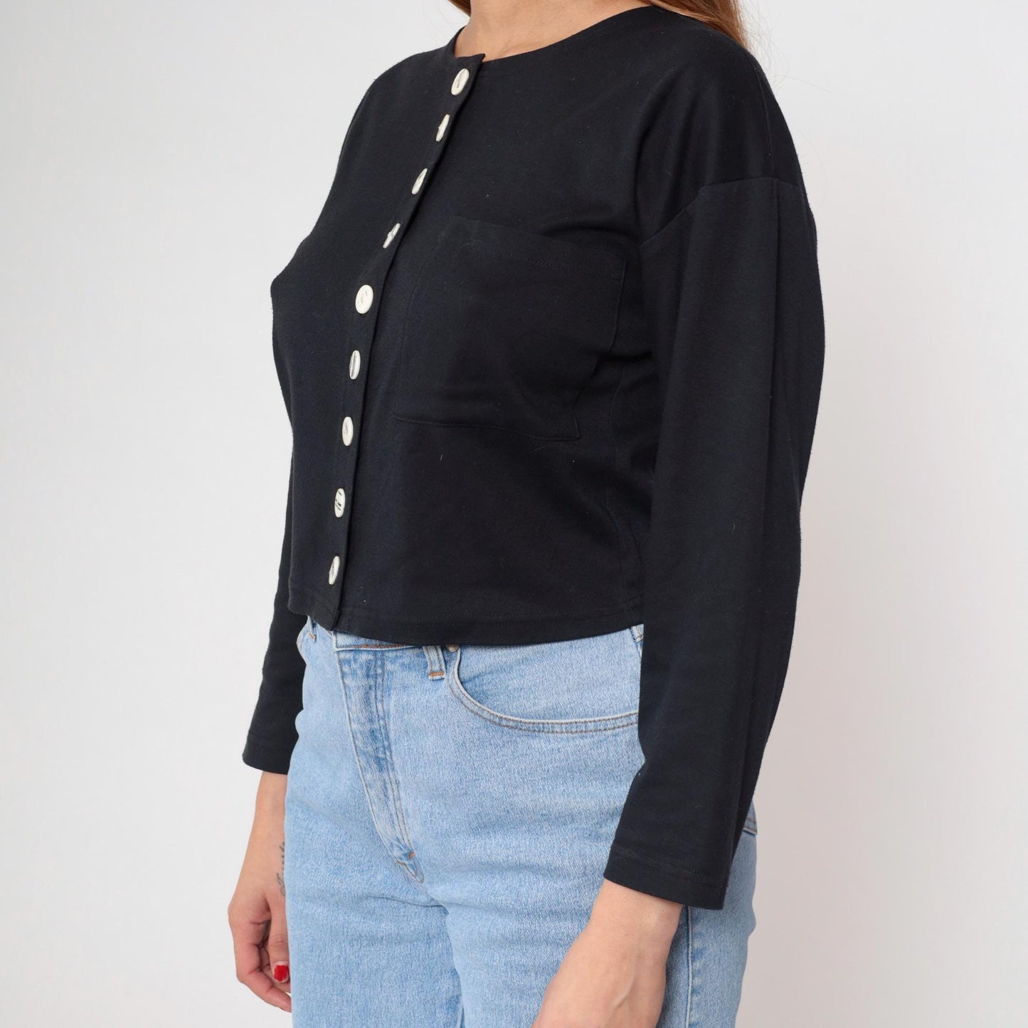 90s Adrenaline Black Cropped Cardigan White Buttons Crew Neck Medium M