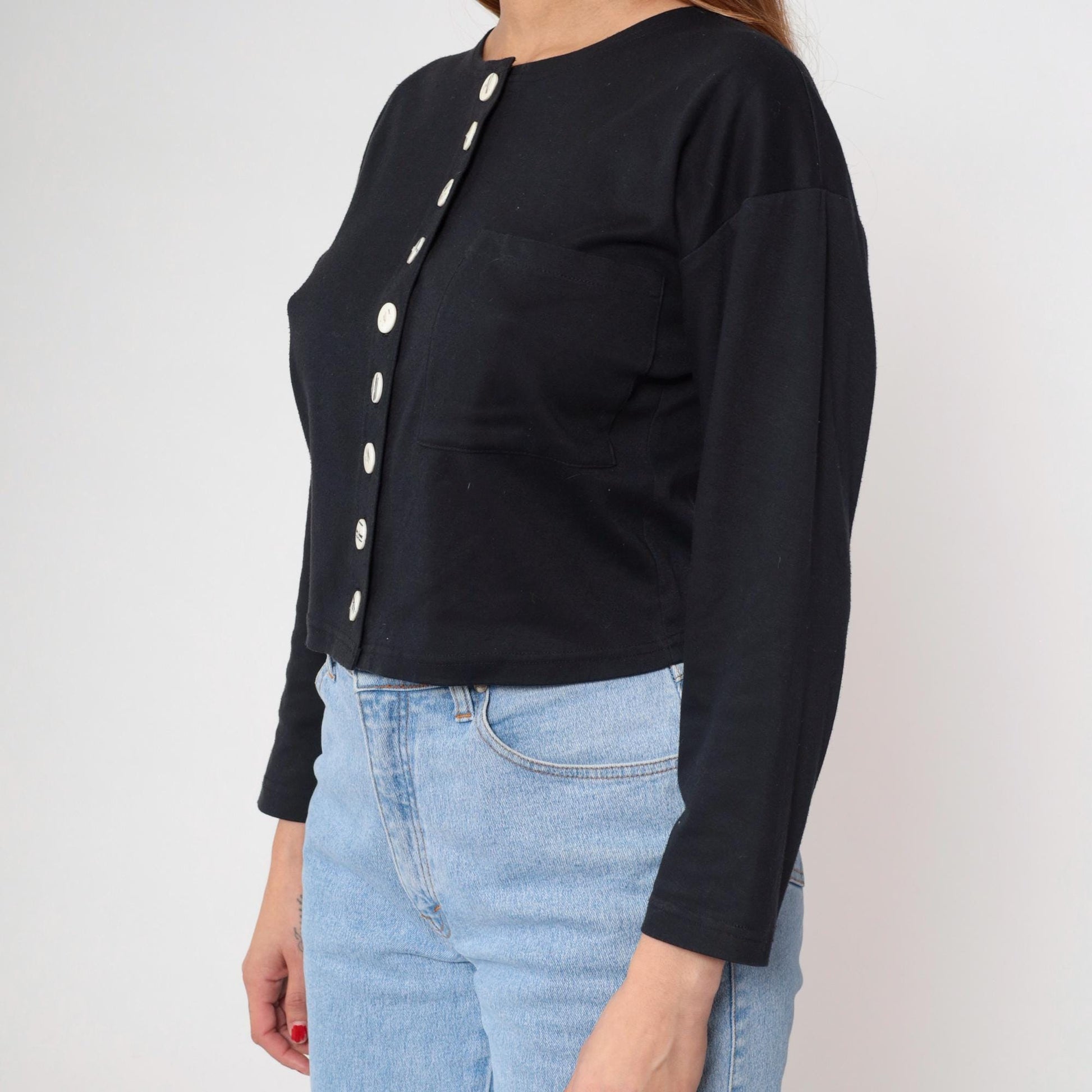 90s Adrenaline Black Cropped Cardigan White Buttons Crew Neck Medium M
